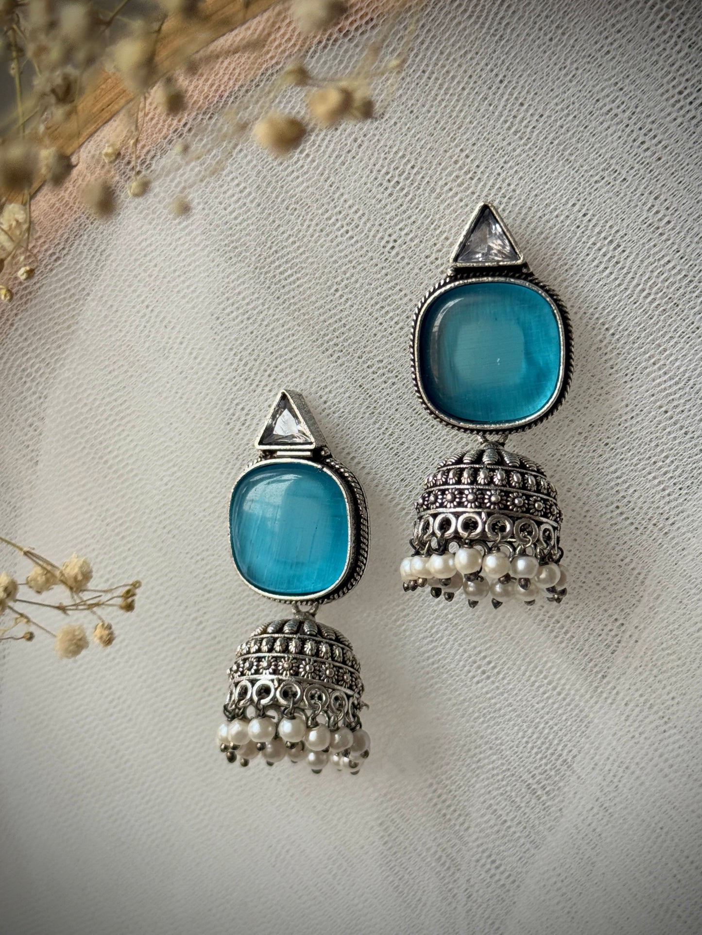 Silver-Plated Oxidised Jhumka with Artificial Stones & Beads