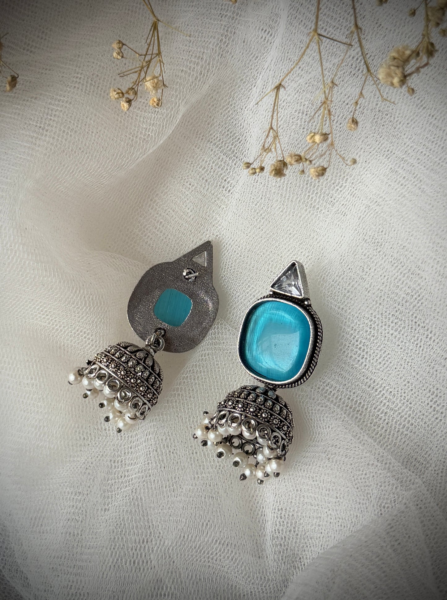 Silver-Plated Oxidised Jhumka with Artificial Stones & Beads