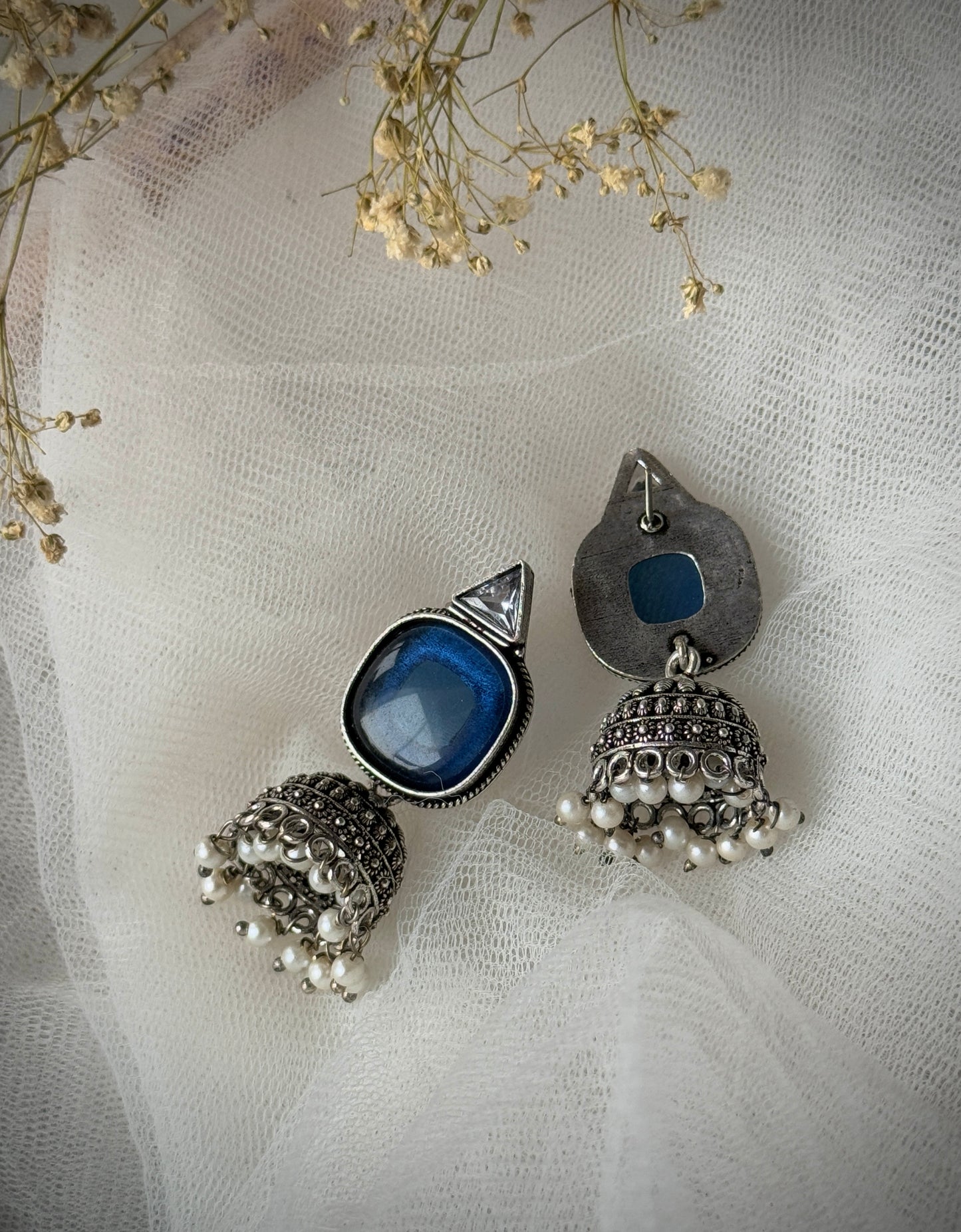 Silver-Plated Oxidised Jhumka with Artificial Stones & Beads