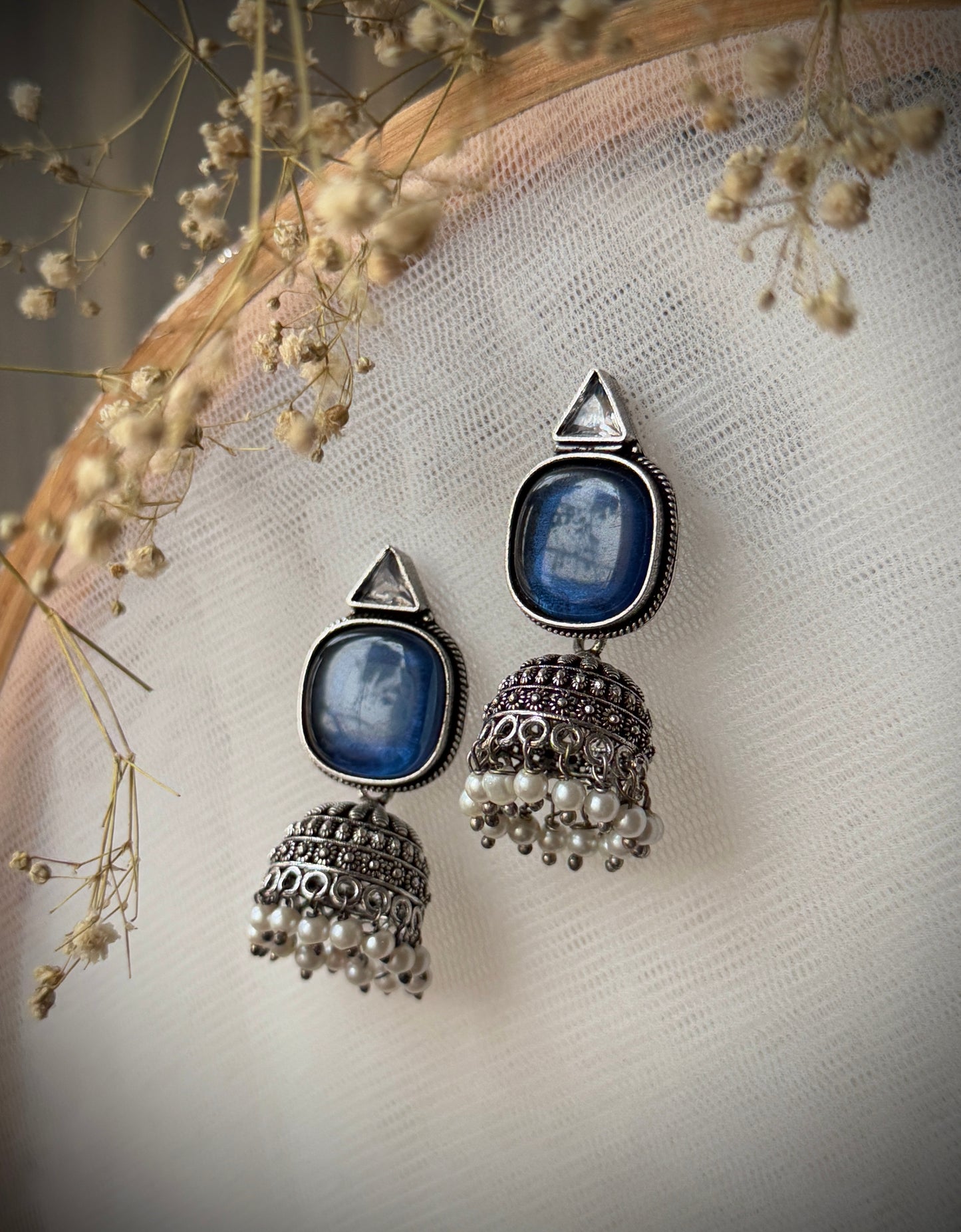 Silver-Plated Oxidised Jhumka with Artificial Stones & Beads