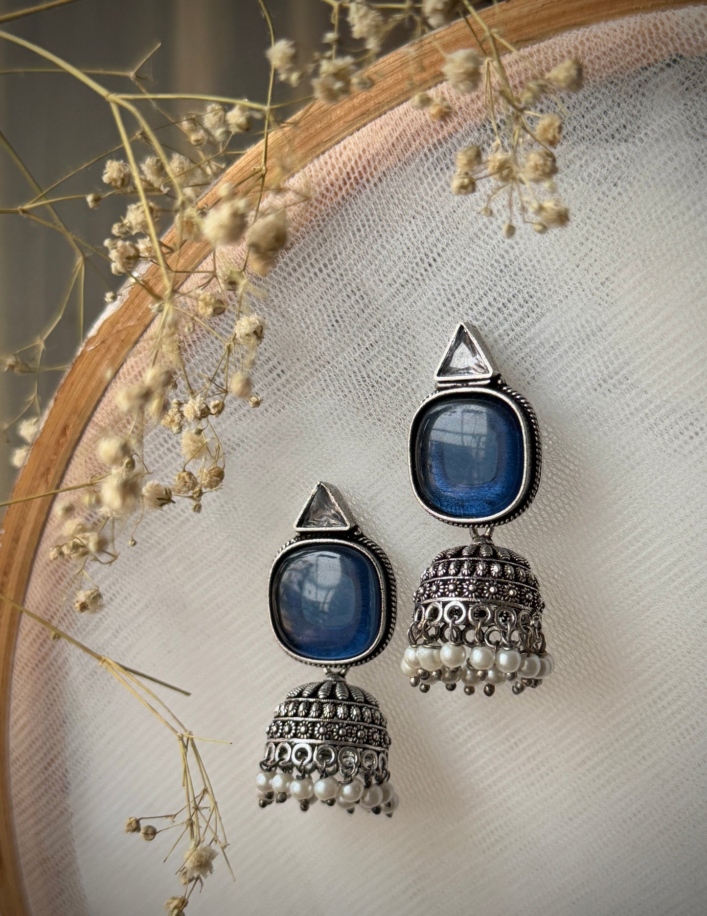 Silver-Plated Oxidised Jhumka with Artificial Stones & Beads