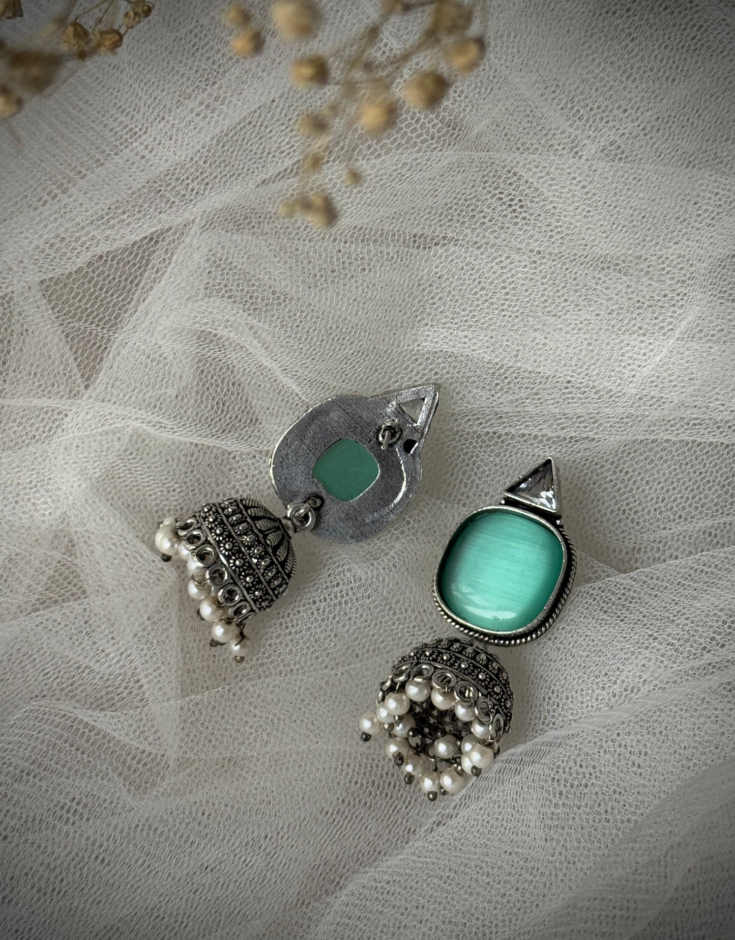 Silver-Plated Oxidised Jhumka with Artificial Stones & Beads