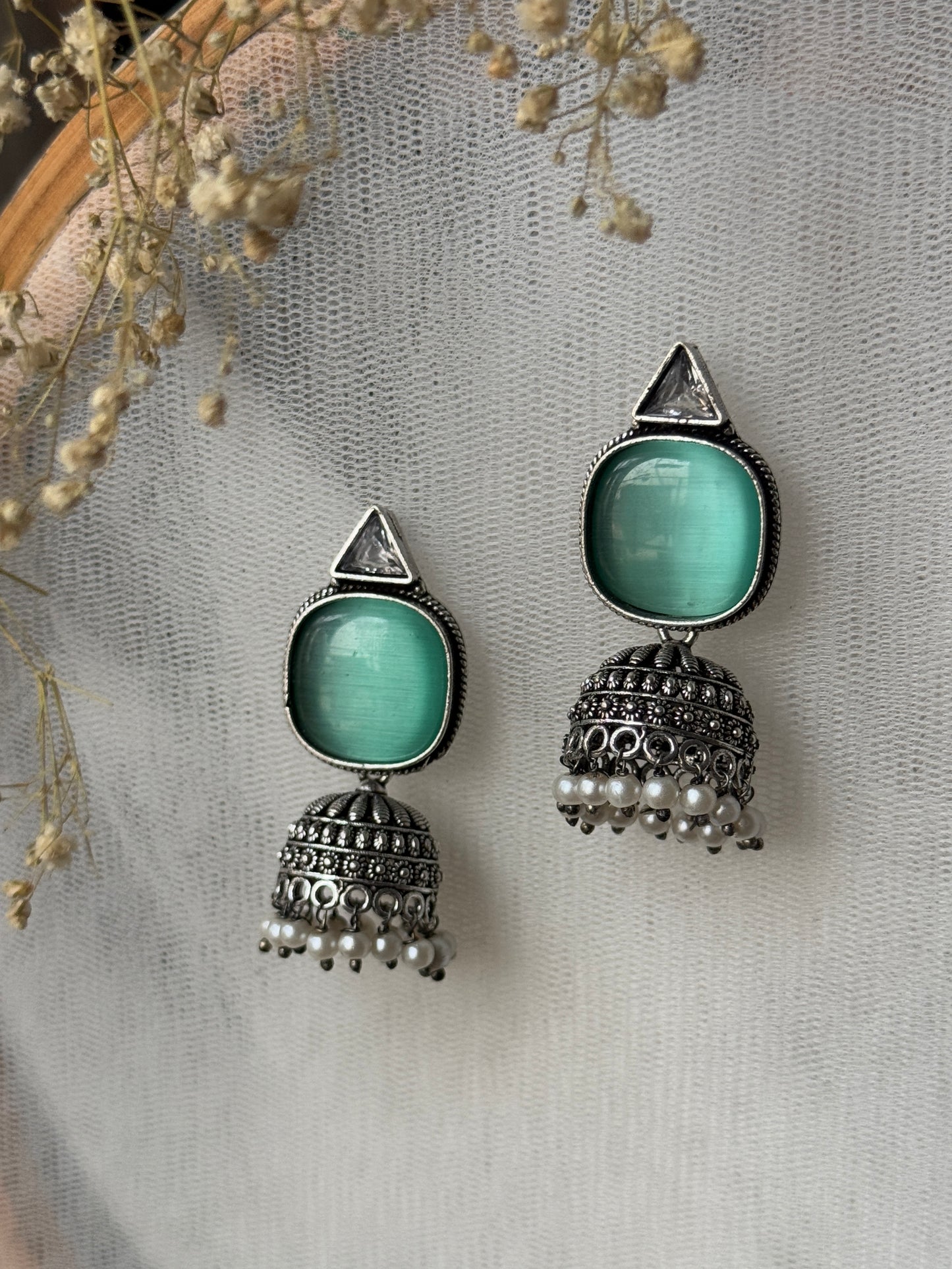 Silver-Plated Oxidised Jhumka with Artificial Stones & Beads