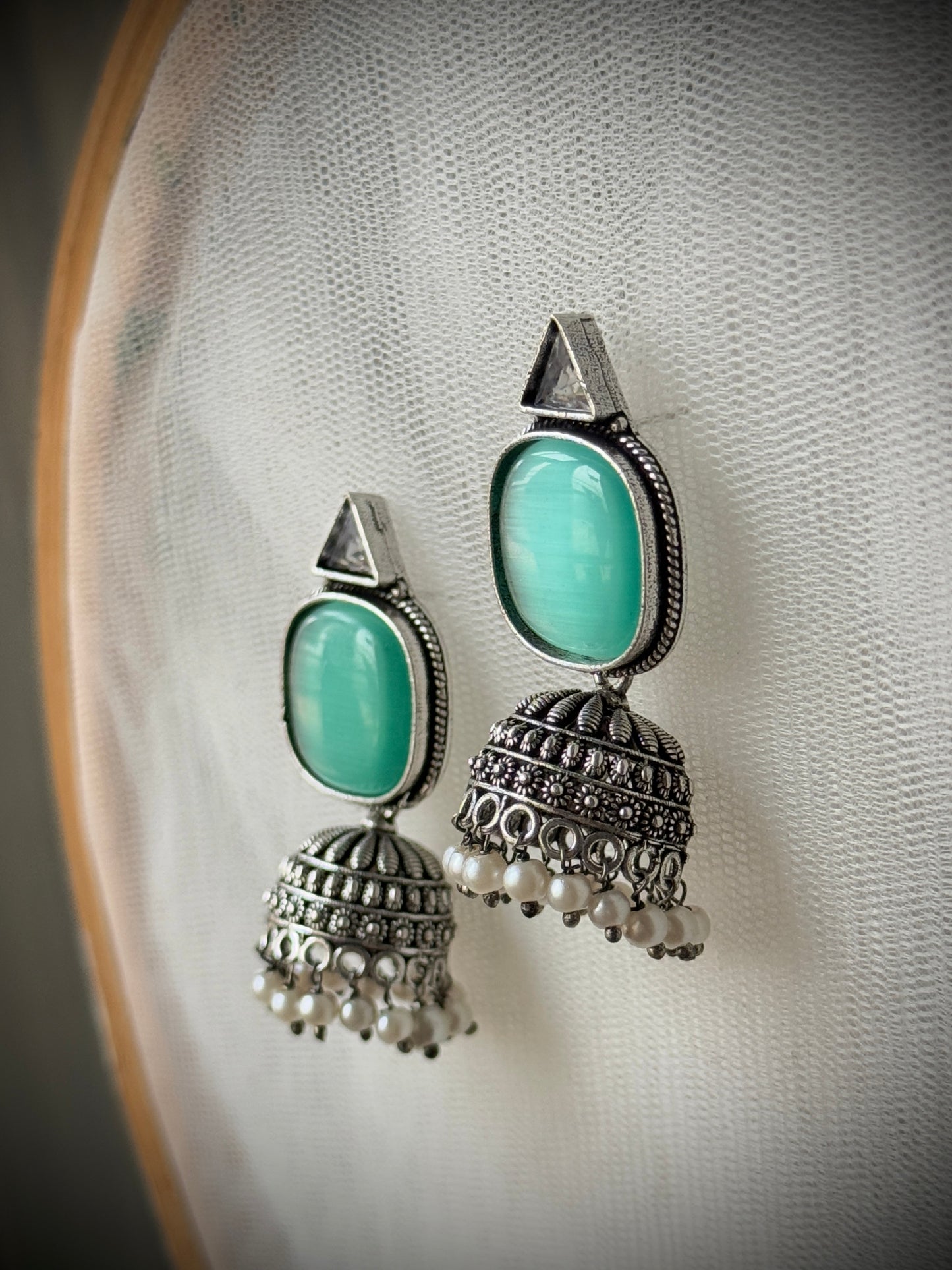 Silver-Plated Oxidised Jhumka with Artificial Stones & Beads