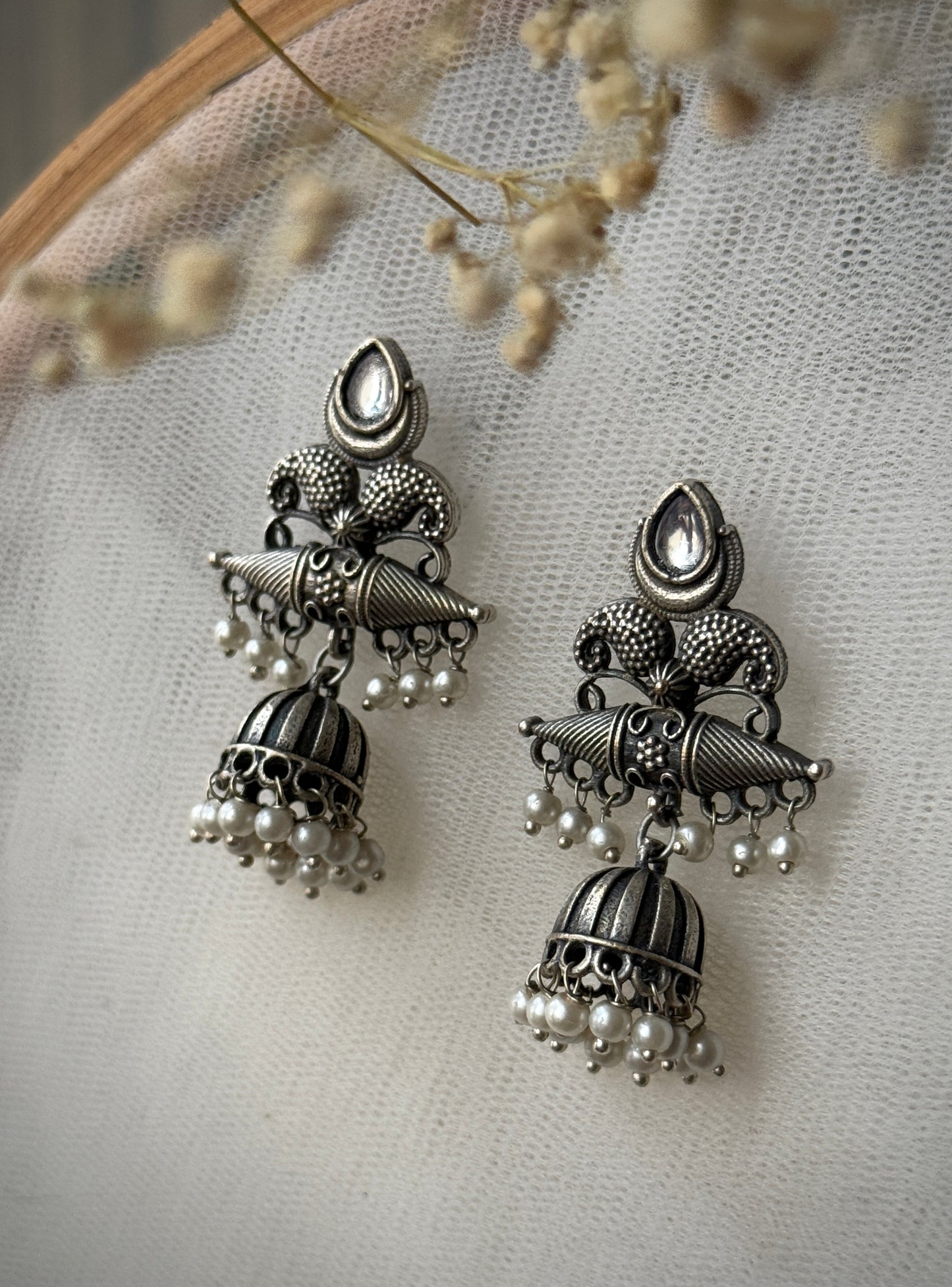 German Silver Jhumka Earrings with Pearls