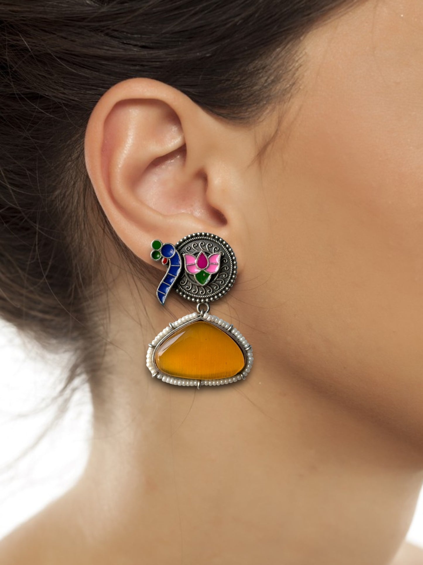 Peacock Hand-Painted Earrings Embedded with Silk Stone