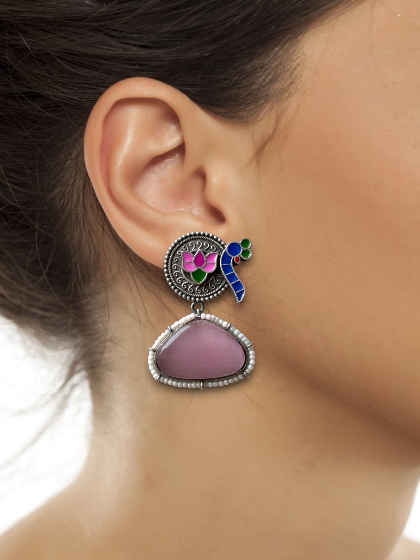 Peacock Hand-Painted Earrings Embedded with Silk Stone