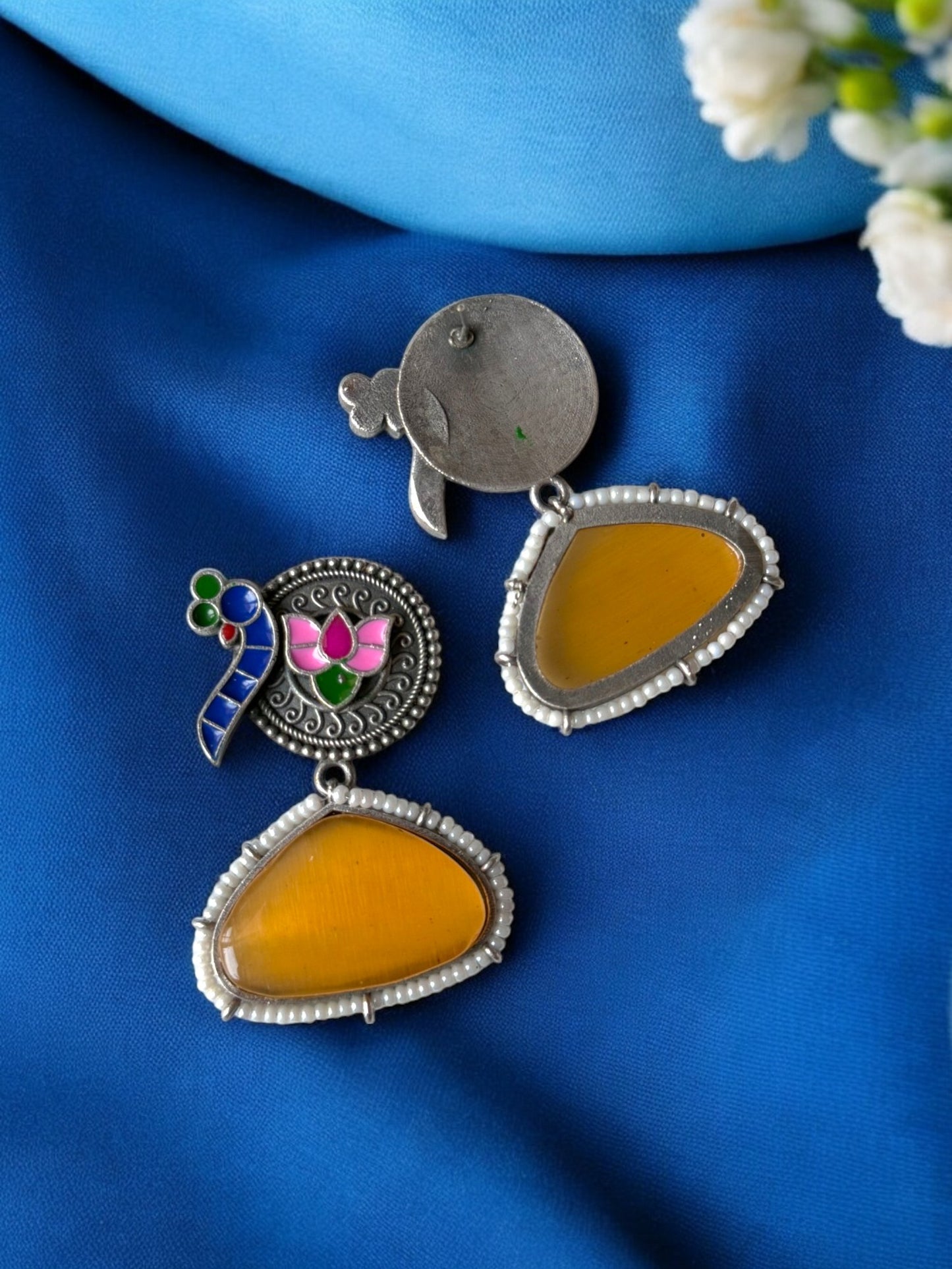 Peacock Hand-Painted Earrings Embedded with Silk Stone