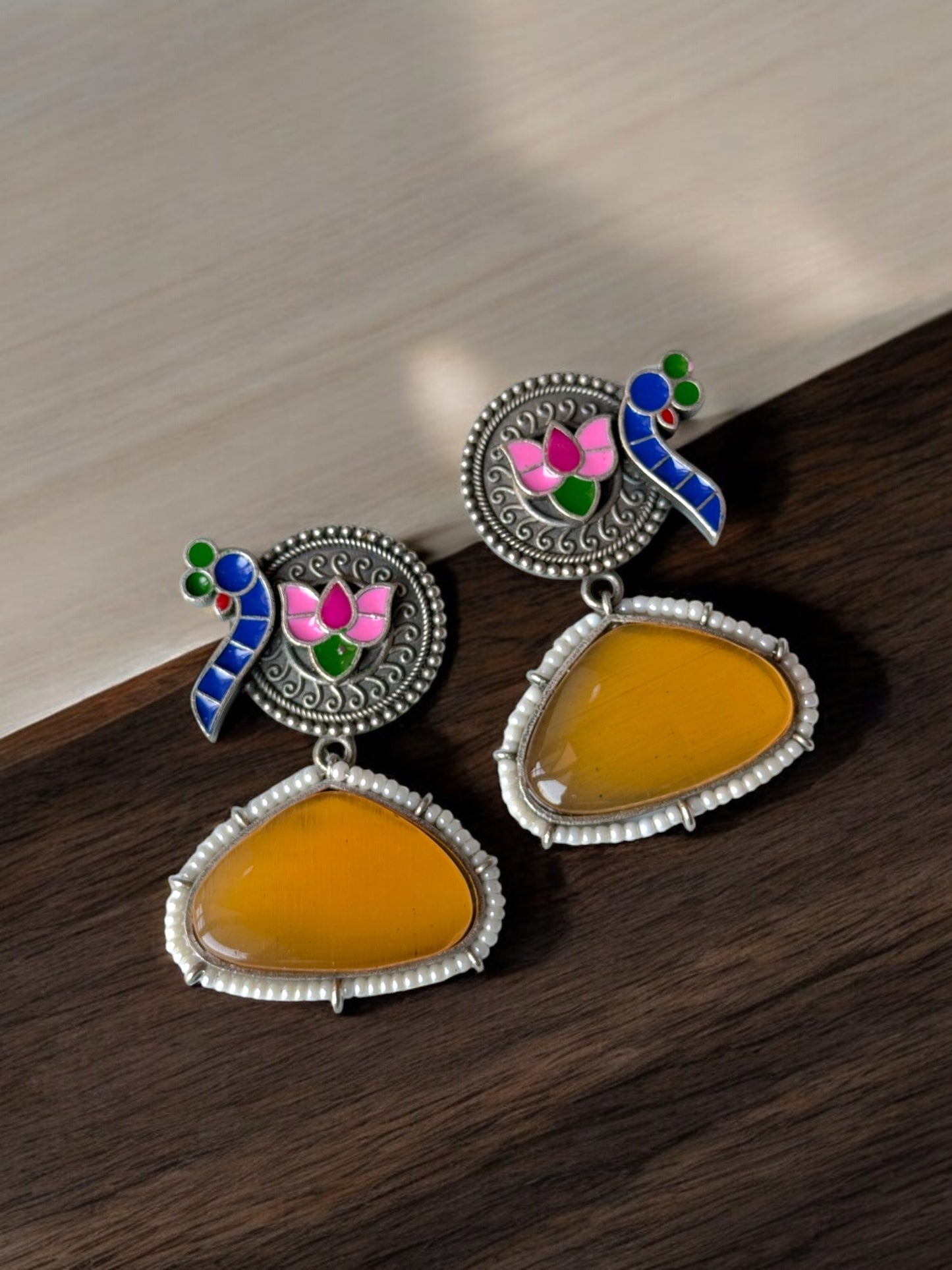 Peacock Hand-Painted Earrings Embedded with Silk Stone