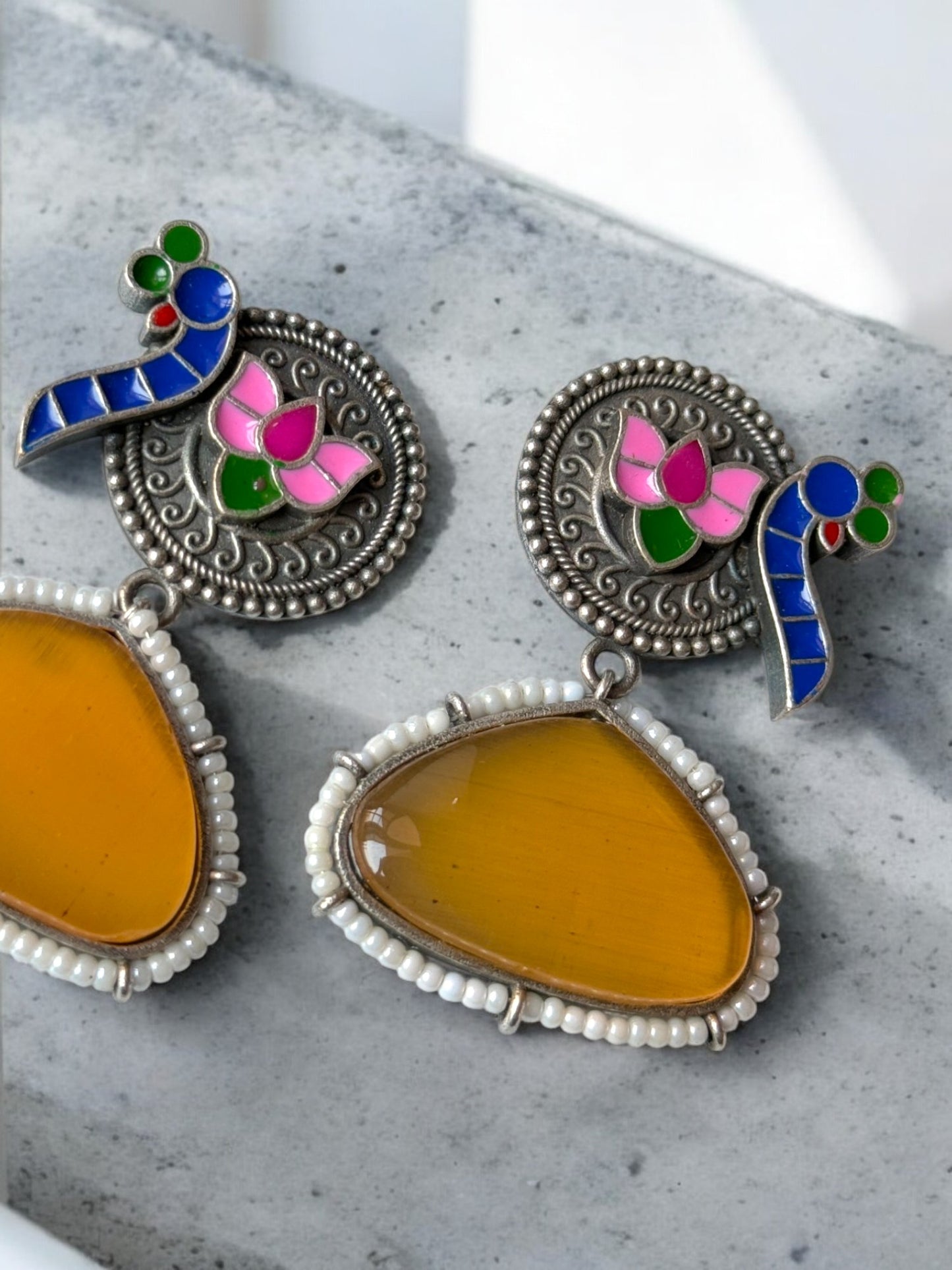Peacock Hand-Painted Earrings Embedded with Silk Stone