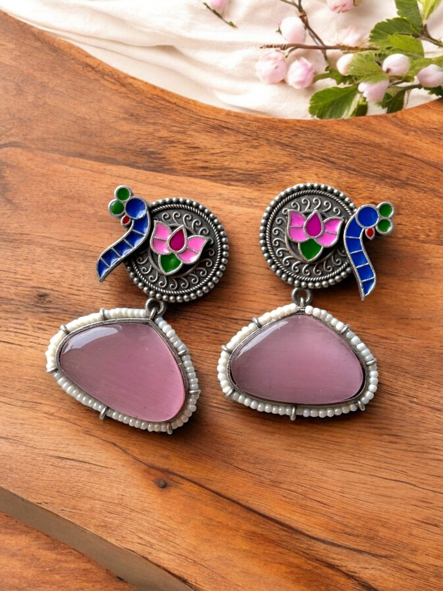 Peacock Hand-Painted Earrings Embedded with Silk Stone