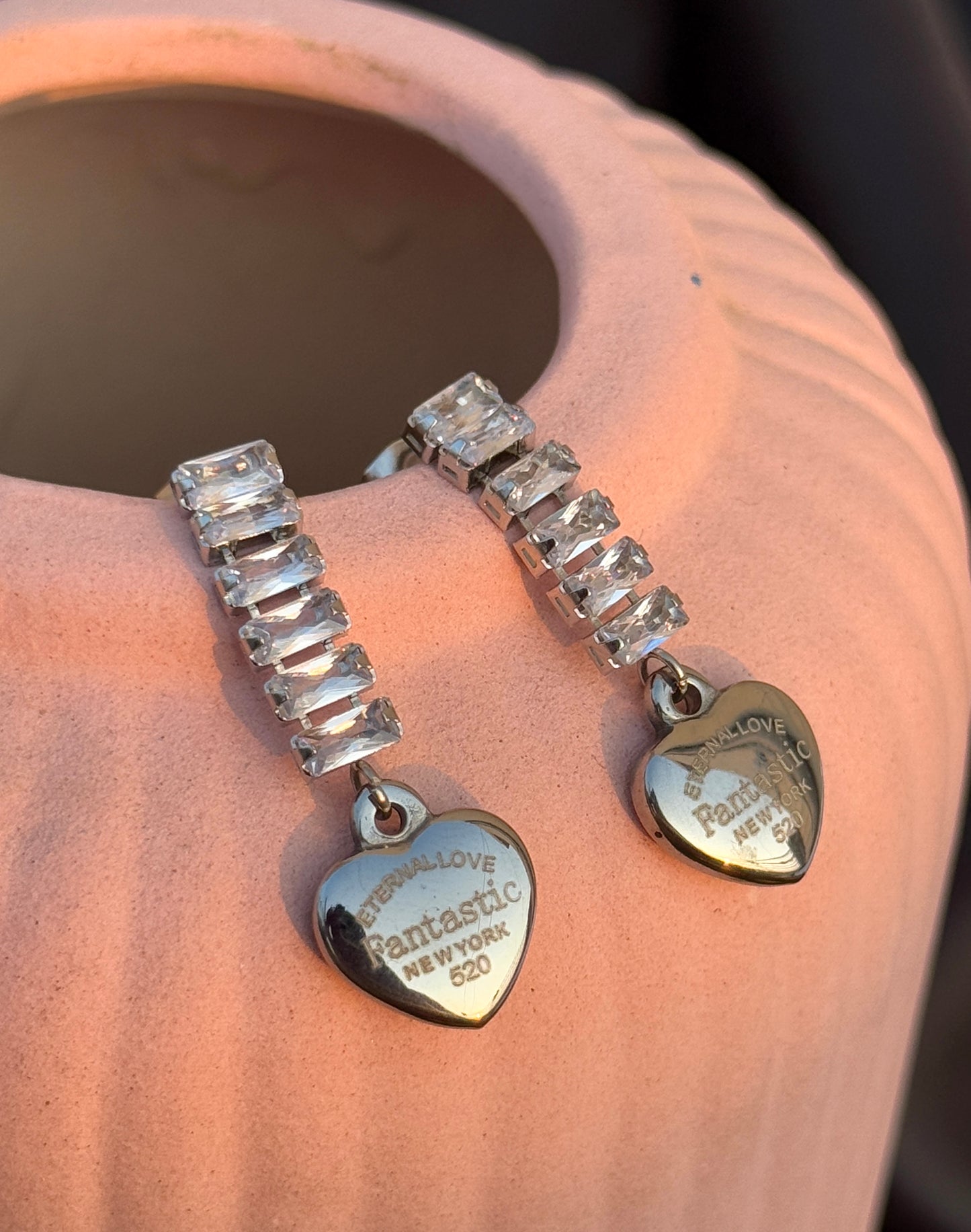 AD Stone Embedded Hanging Heart Earrings | Anti-Tarnish & Waterproof