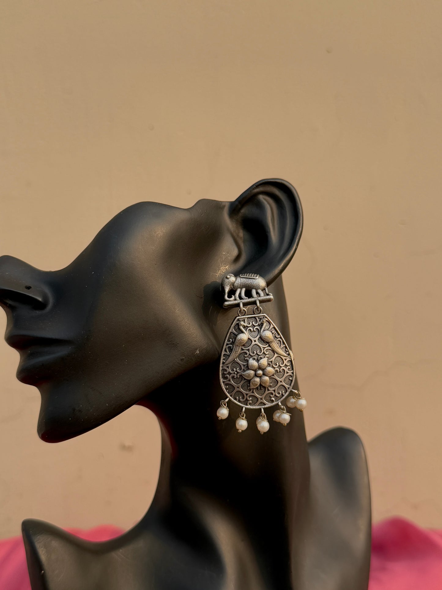 Silver Replica Elephant Engraved Earrings with Dangling Pearls