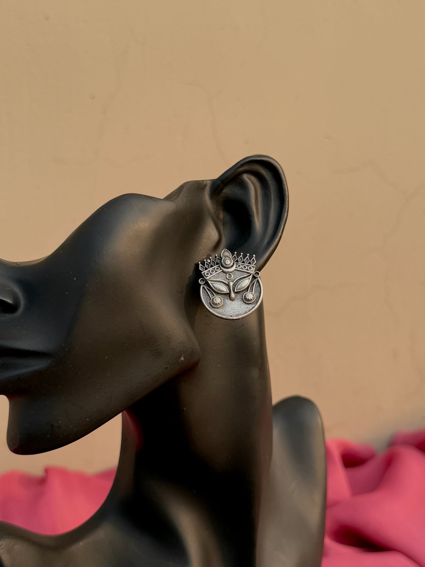 Divine Durga Maa Silver Replica Stud Earrings
