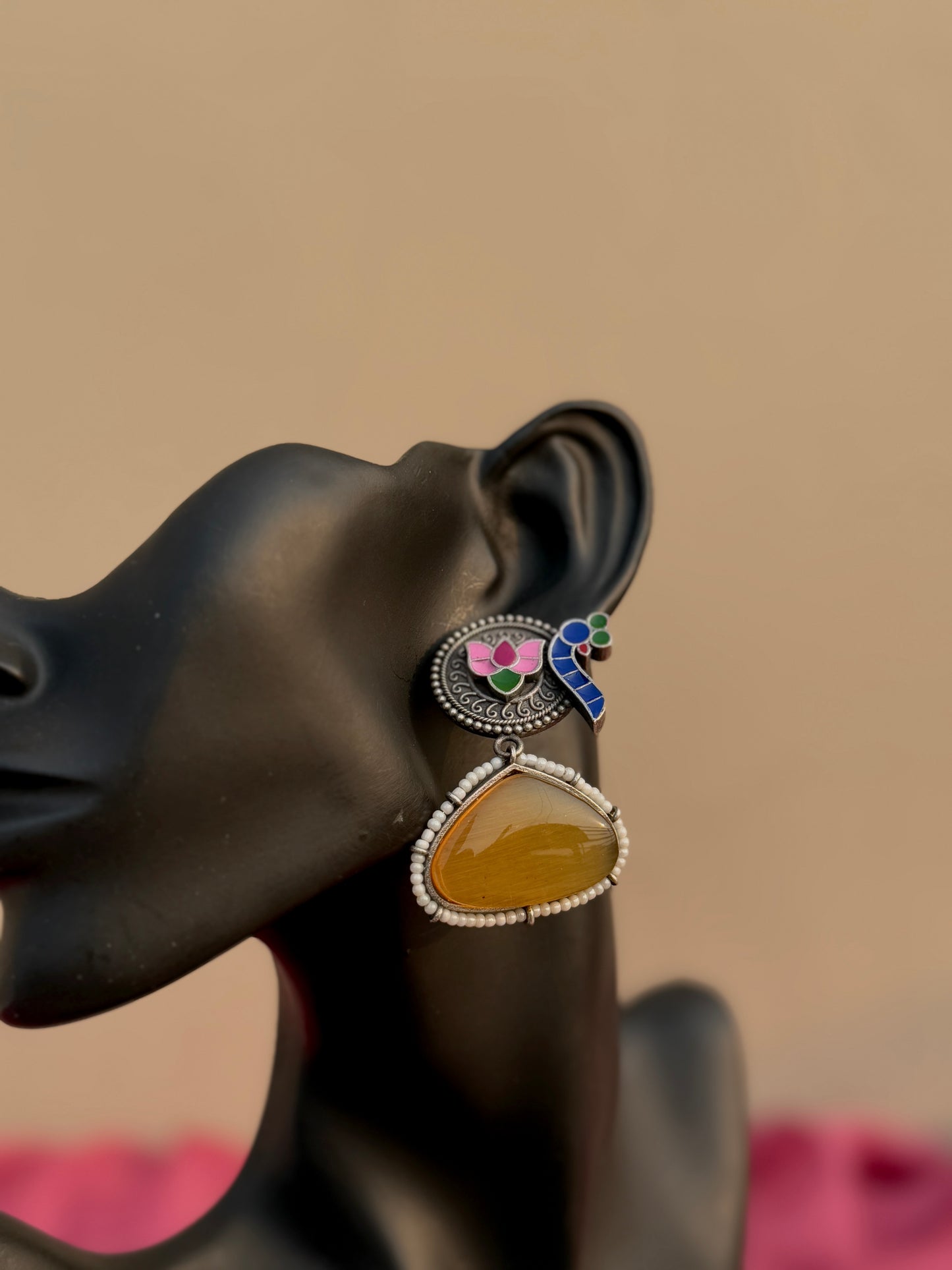 Peacock Hand-Painted Earrings Embedded with Silk Stone