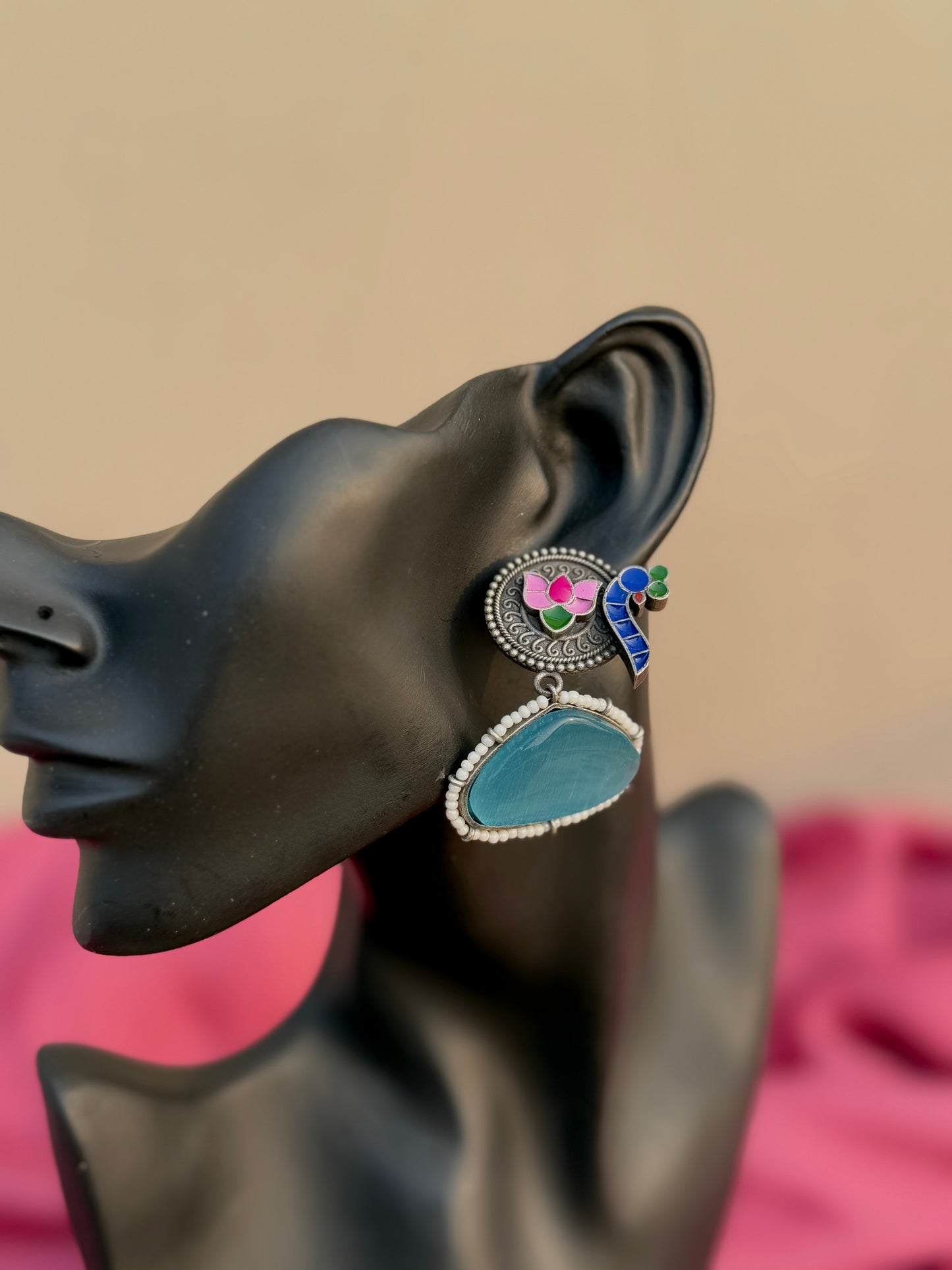 Peacock Hand-Painted Earrings Embedded with Silk Stone