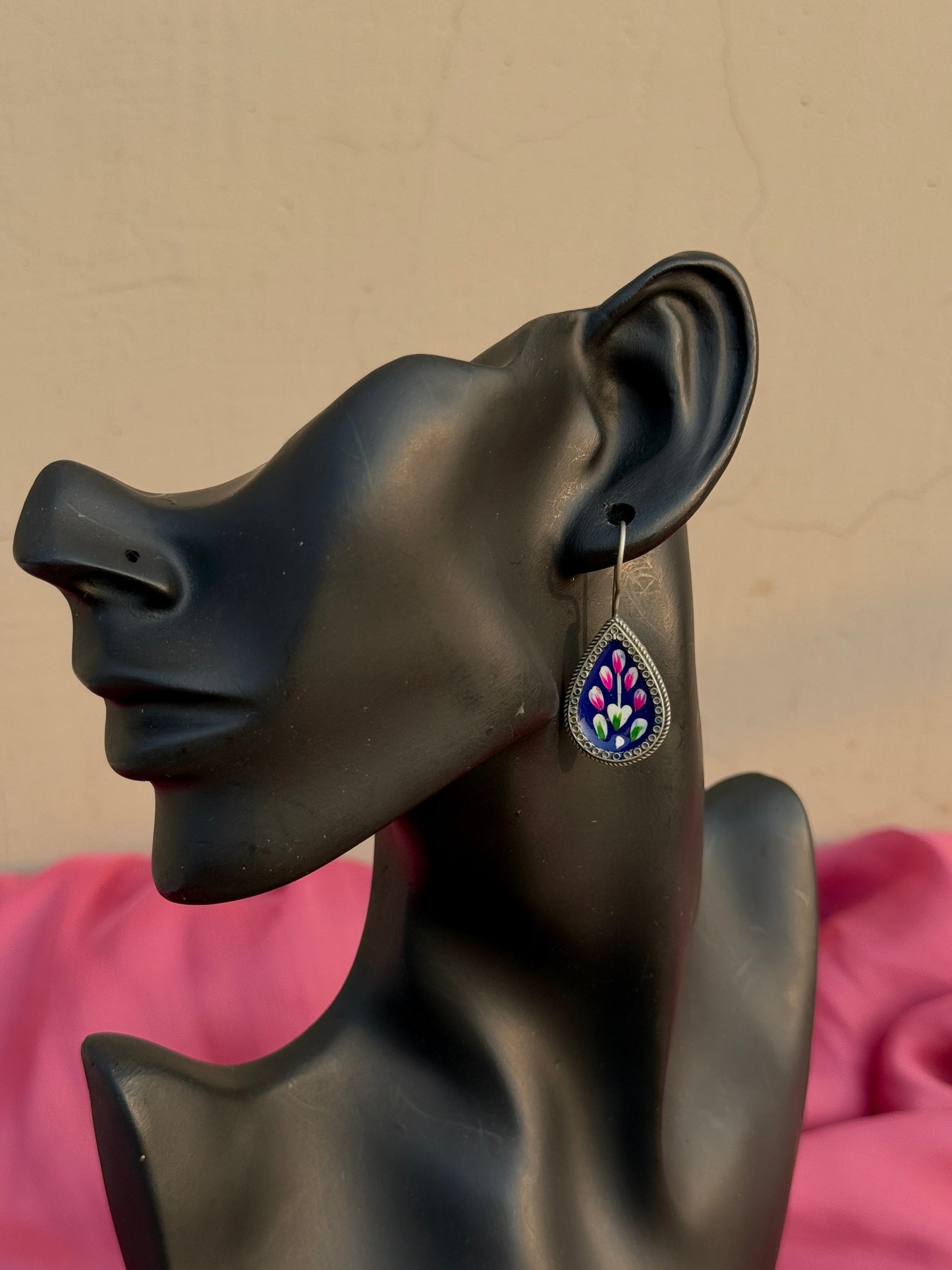 Dark Blue Hand-Painted Hook Earrings | Artisanal Elegance