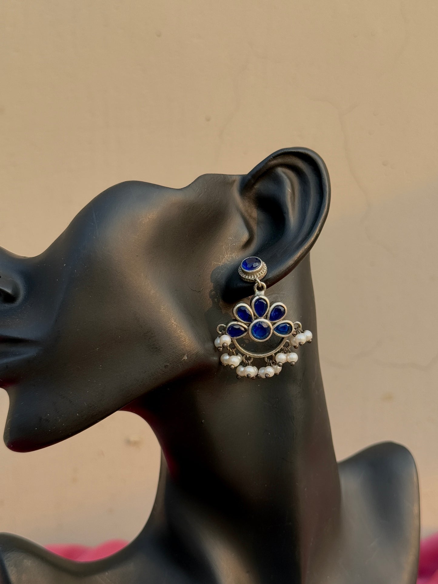Silver Replica Navy Blue Pearl Dangling Earrings