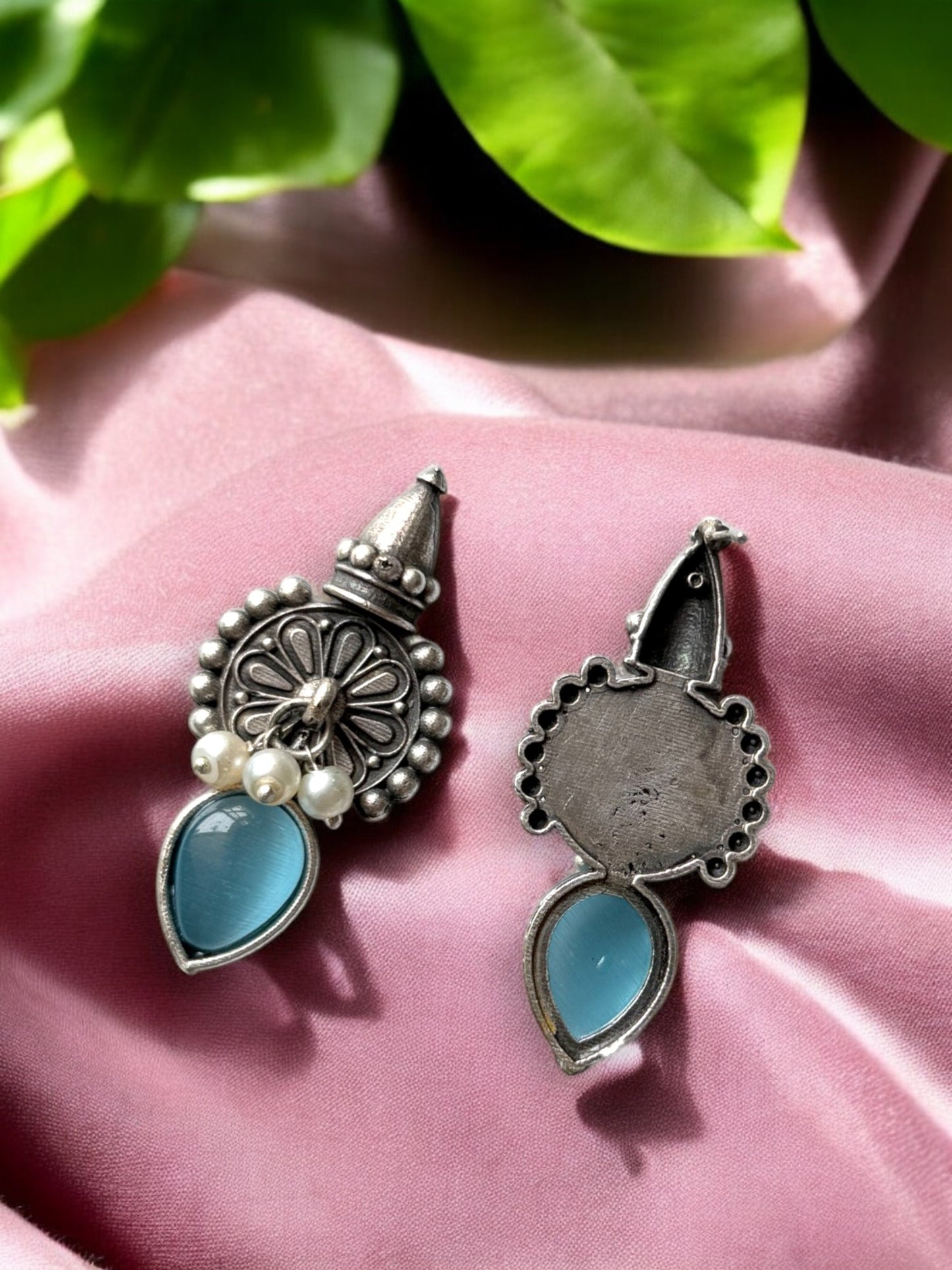 Silver Replica Silk Stone Embedded Earrings with Dangling Pearls