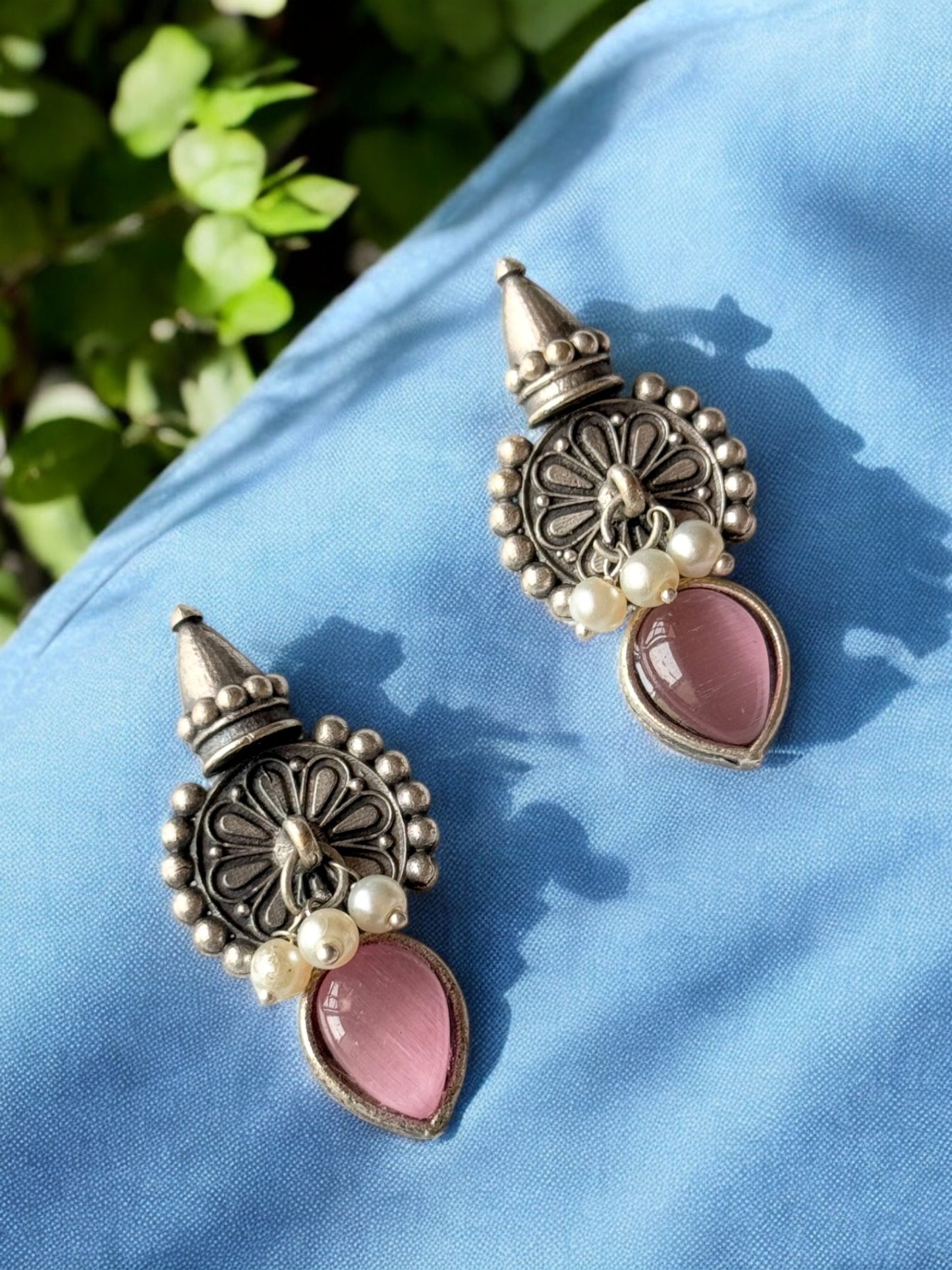 Silver Replica Silk Stone Embedded Earrings with Dangling Pearls
