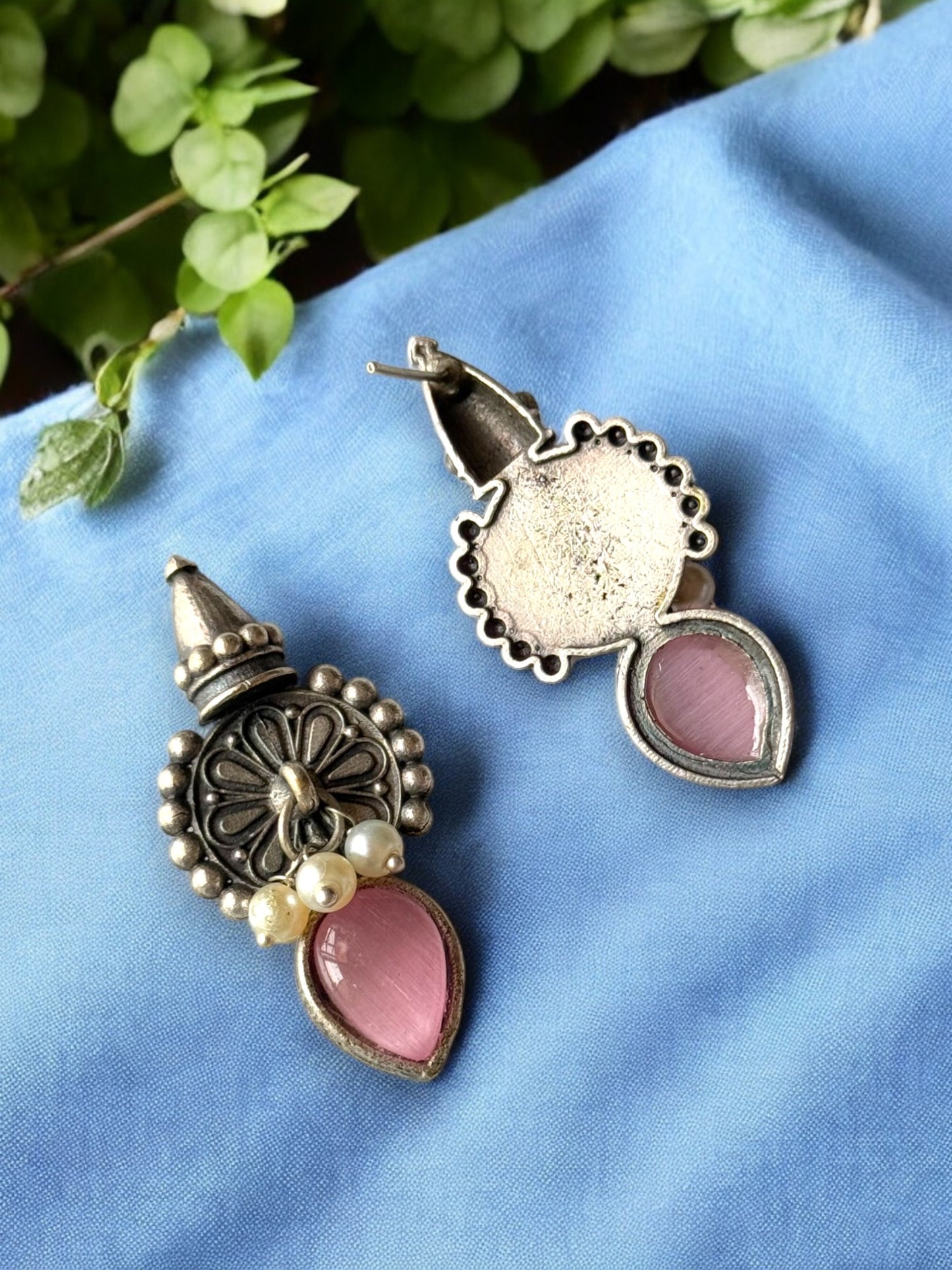 Silver Replica Silk Stone Embedded Earrings with Dangling Pearls