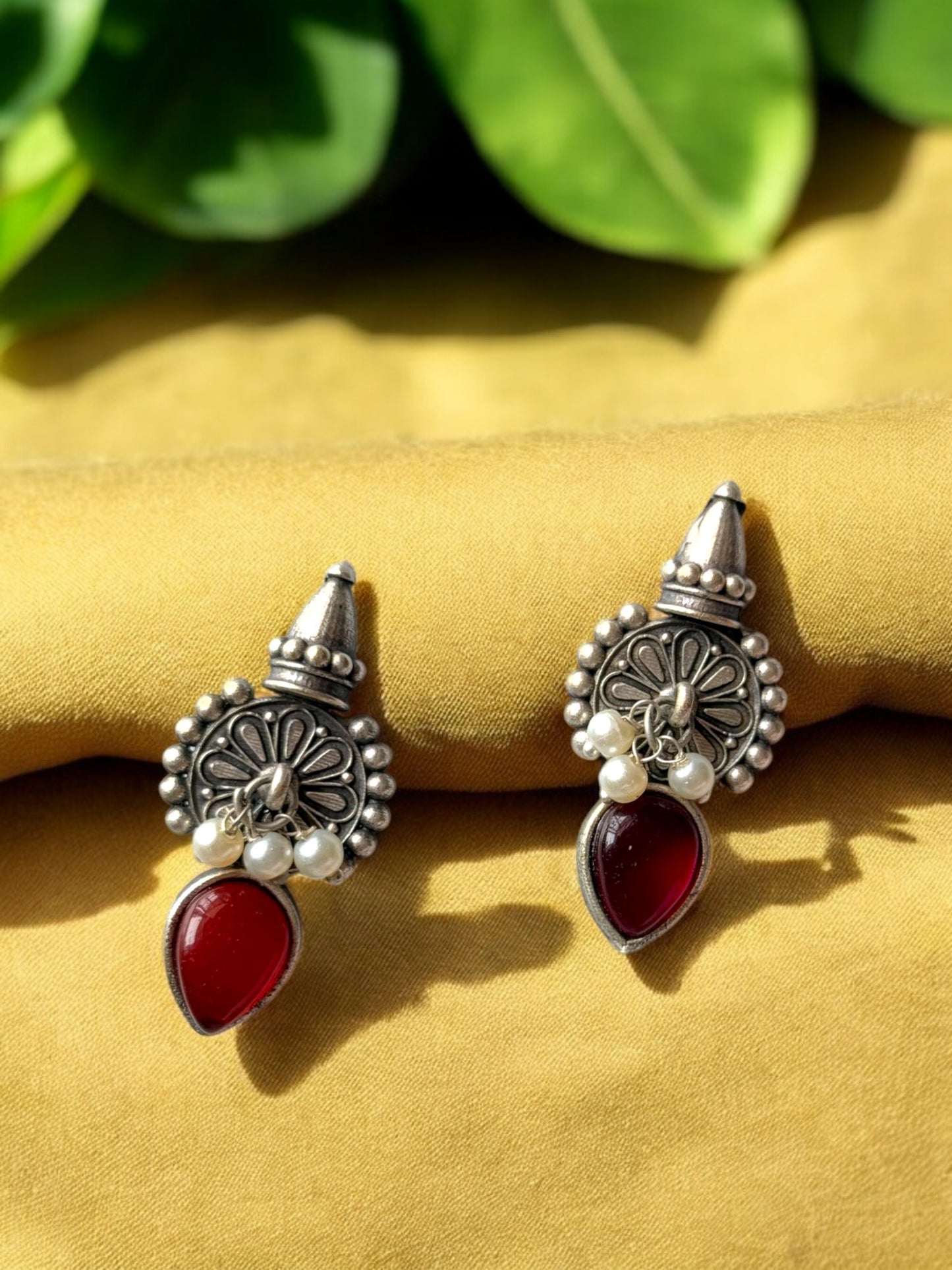 Silver Replica Silk Stone Embedded Earrings with Dangling Pearls