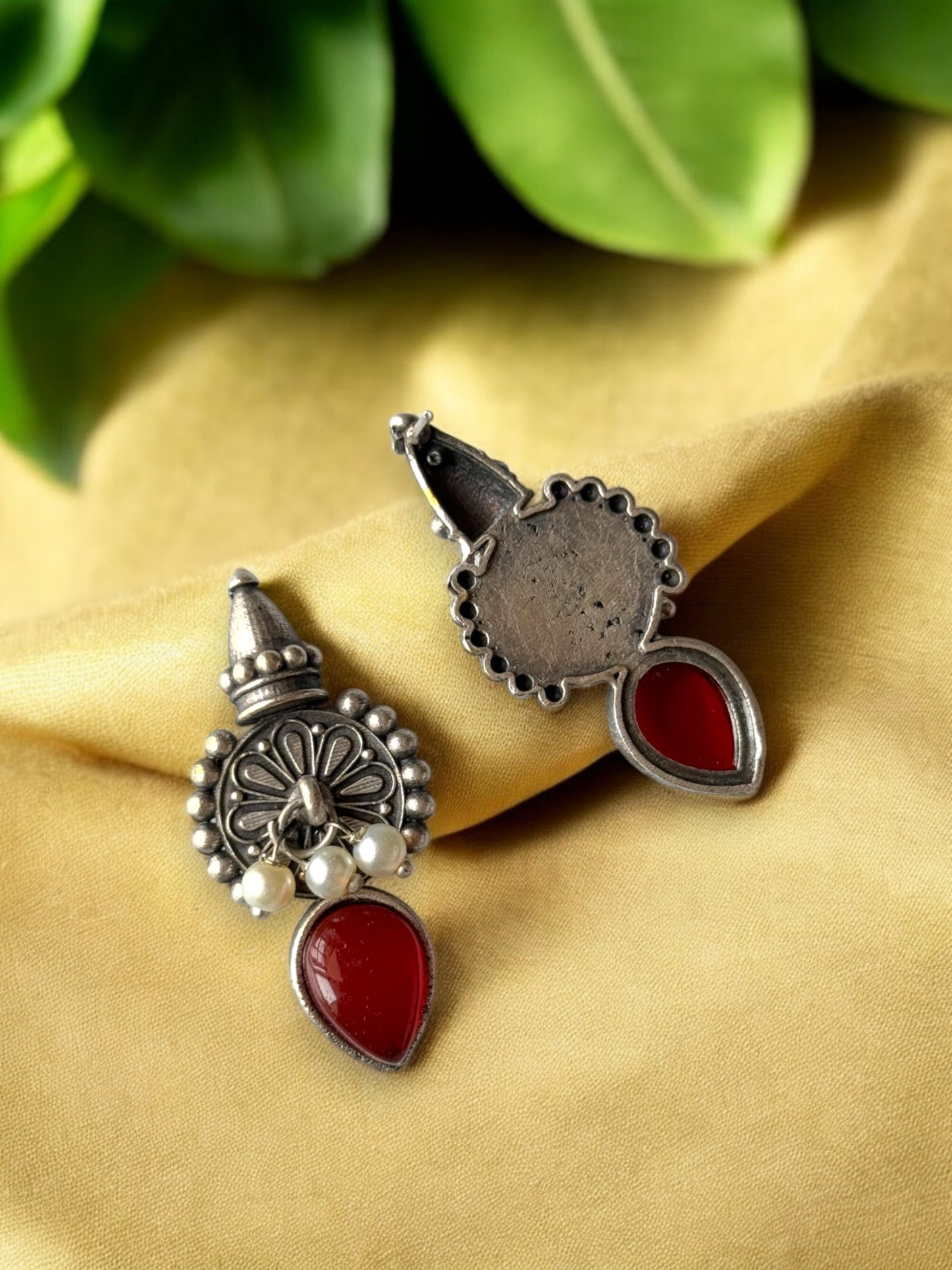 Silver Replica Silk Stone Embedded Earrings with Dangling Pearls