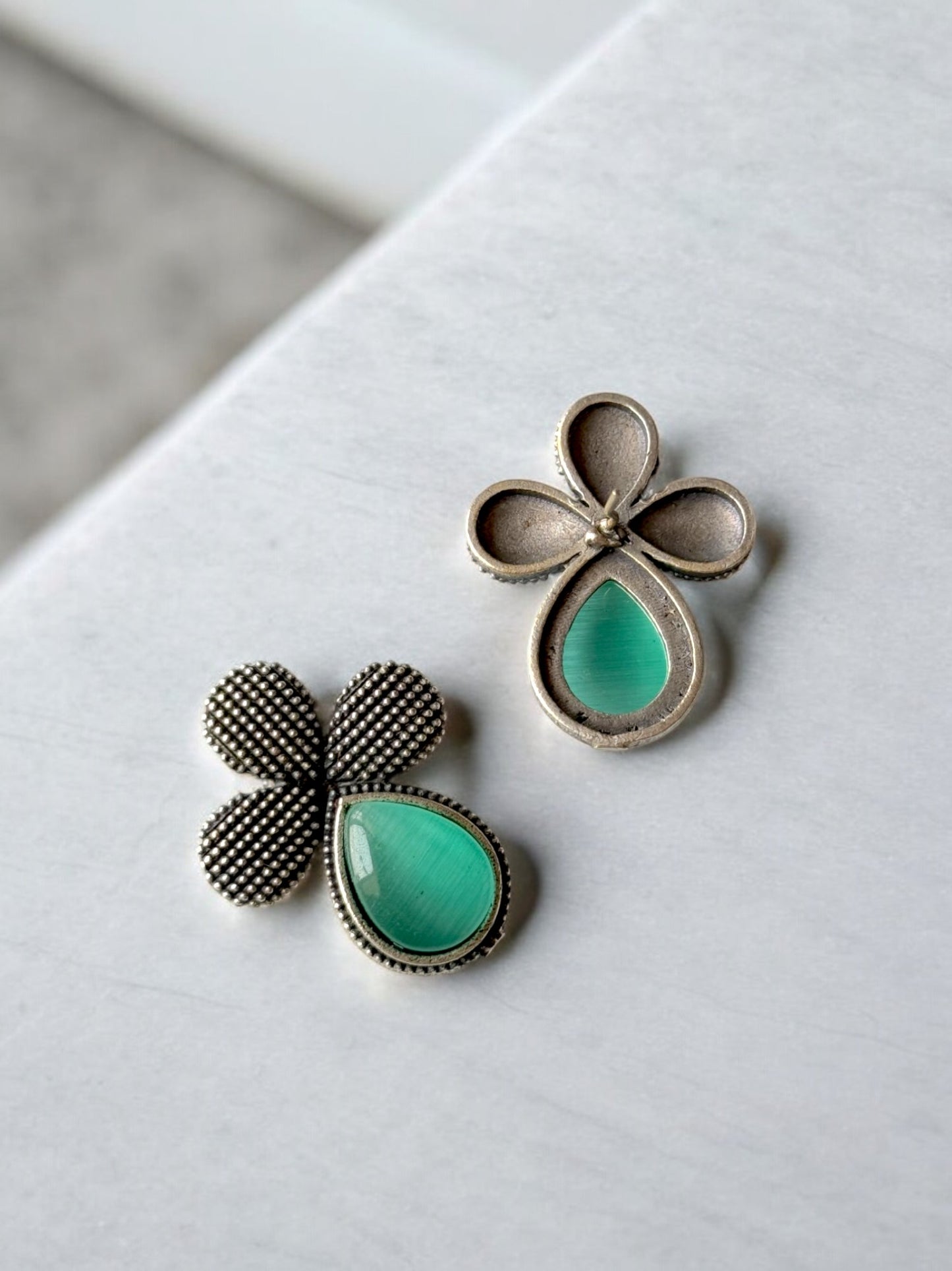 German Silver Flower Embedded Monalisa Stone Stud Earrings