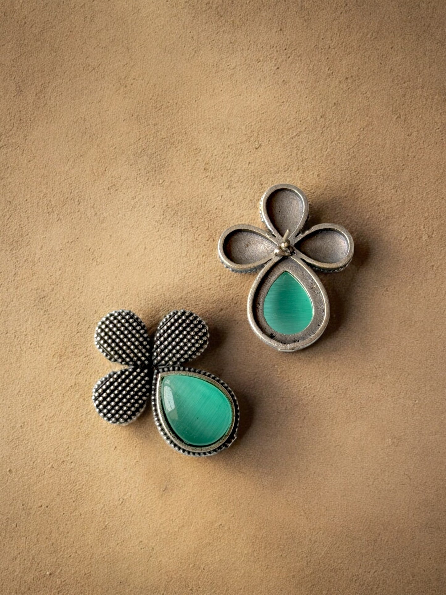 German Silver Flower Embedded Monalisa Stone Stud Earrings