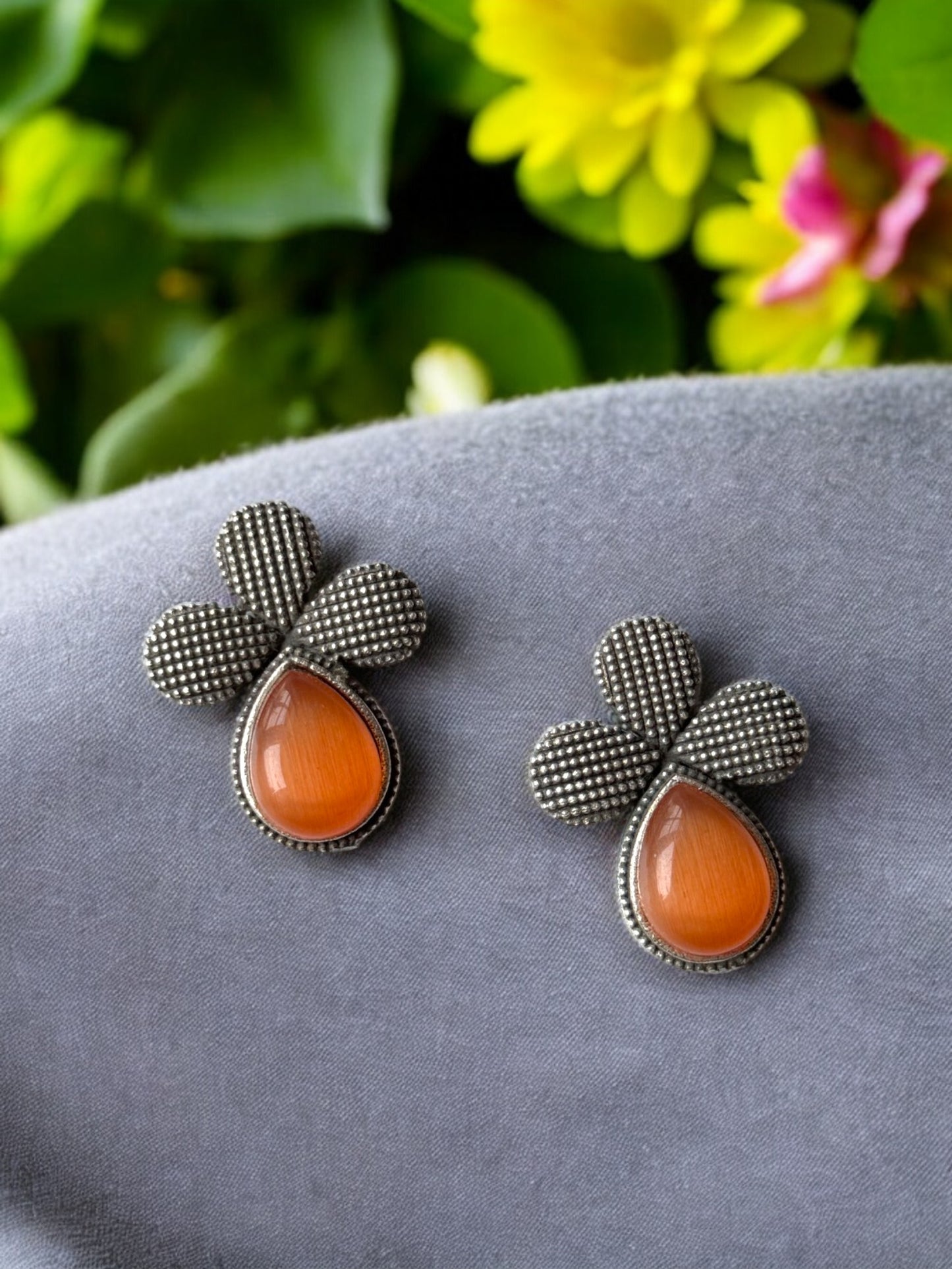 German Silver Flower Embedded Monalisa Stone Stud Earrings