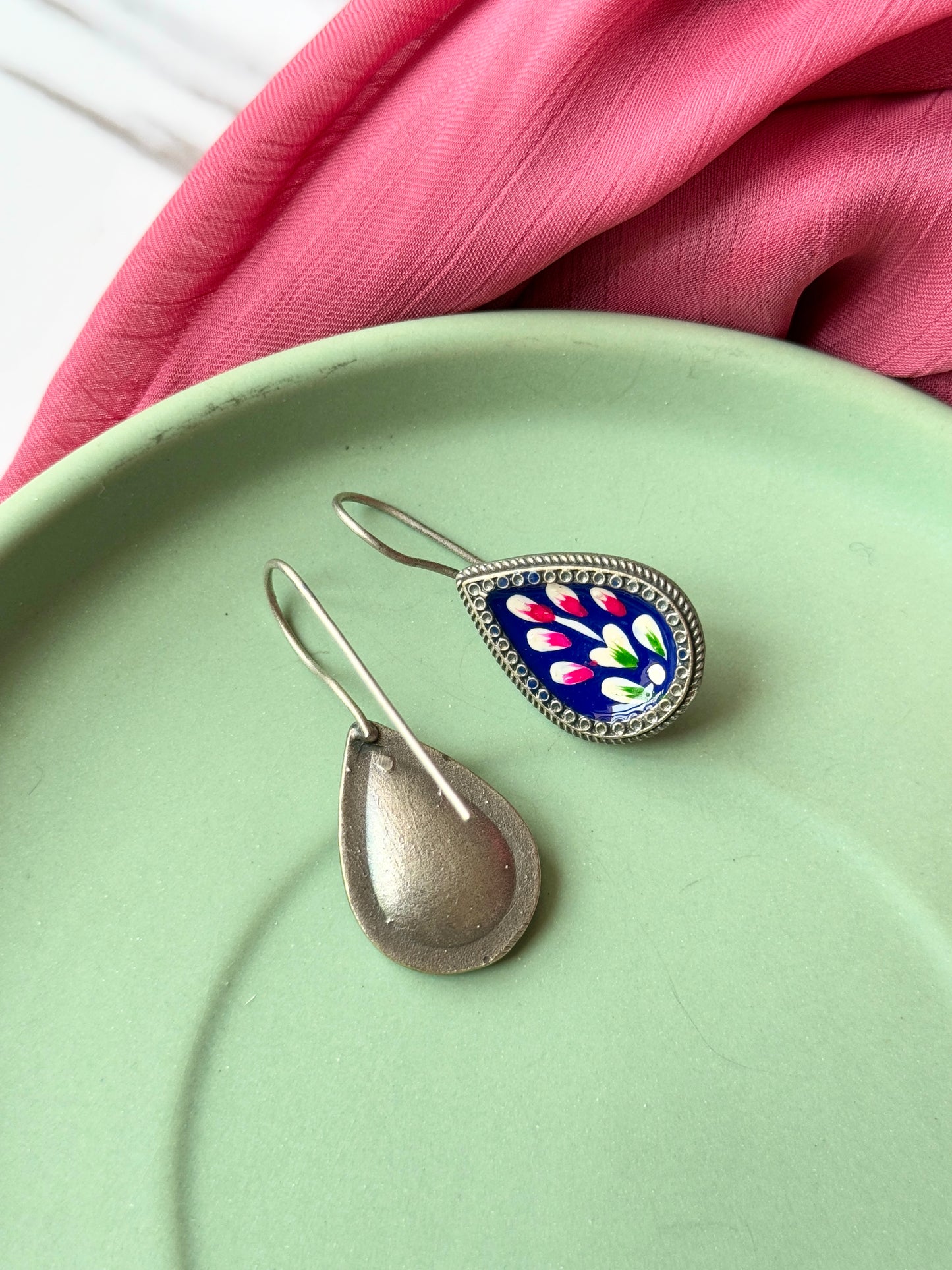 Dark Blue Hand-Painted Hook Earrings | Artisanal Elegance