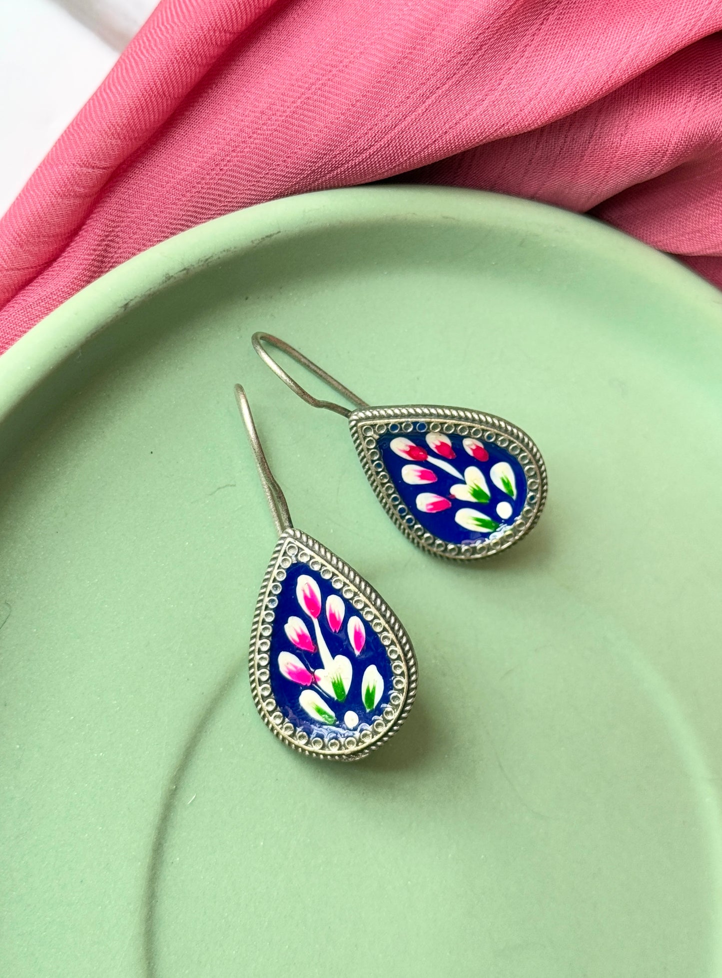 Dark Blue Hand-Painted Hook Earrings | Artisanal Elegance
