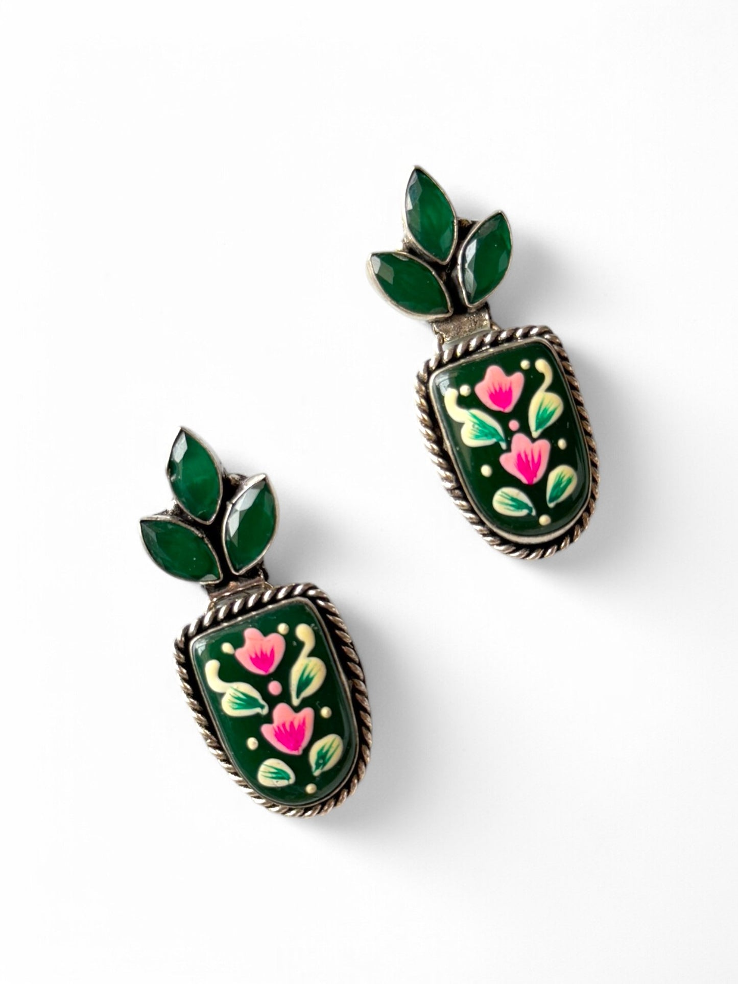 Green Hand-Painted Earrings