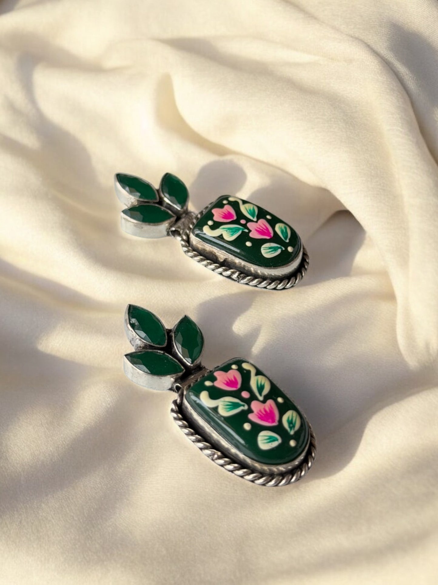 Green Hand-Painted Earrings