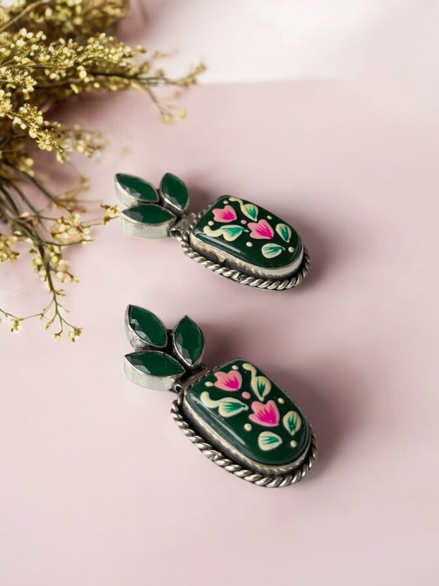 Green Hand-Painted Earrings