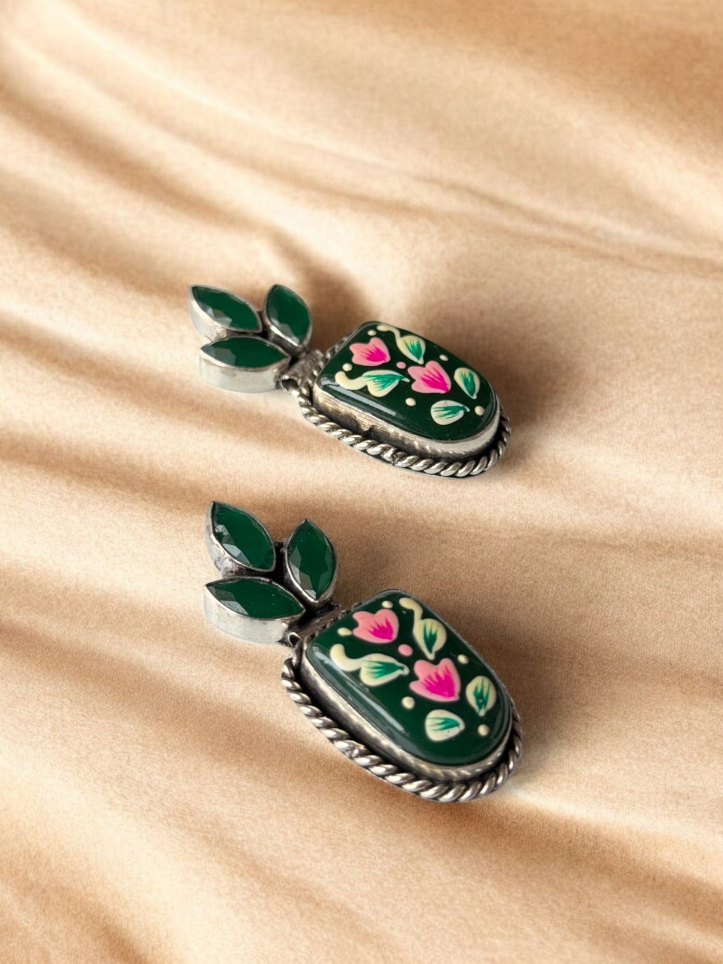 Green Hand-Painted Earrings