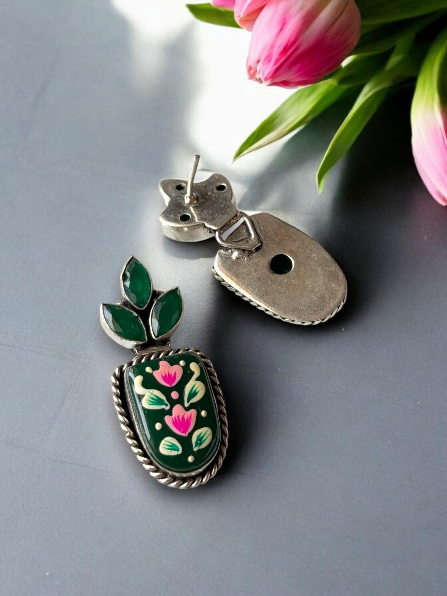 Green Hand-Painted Earrings