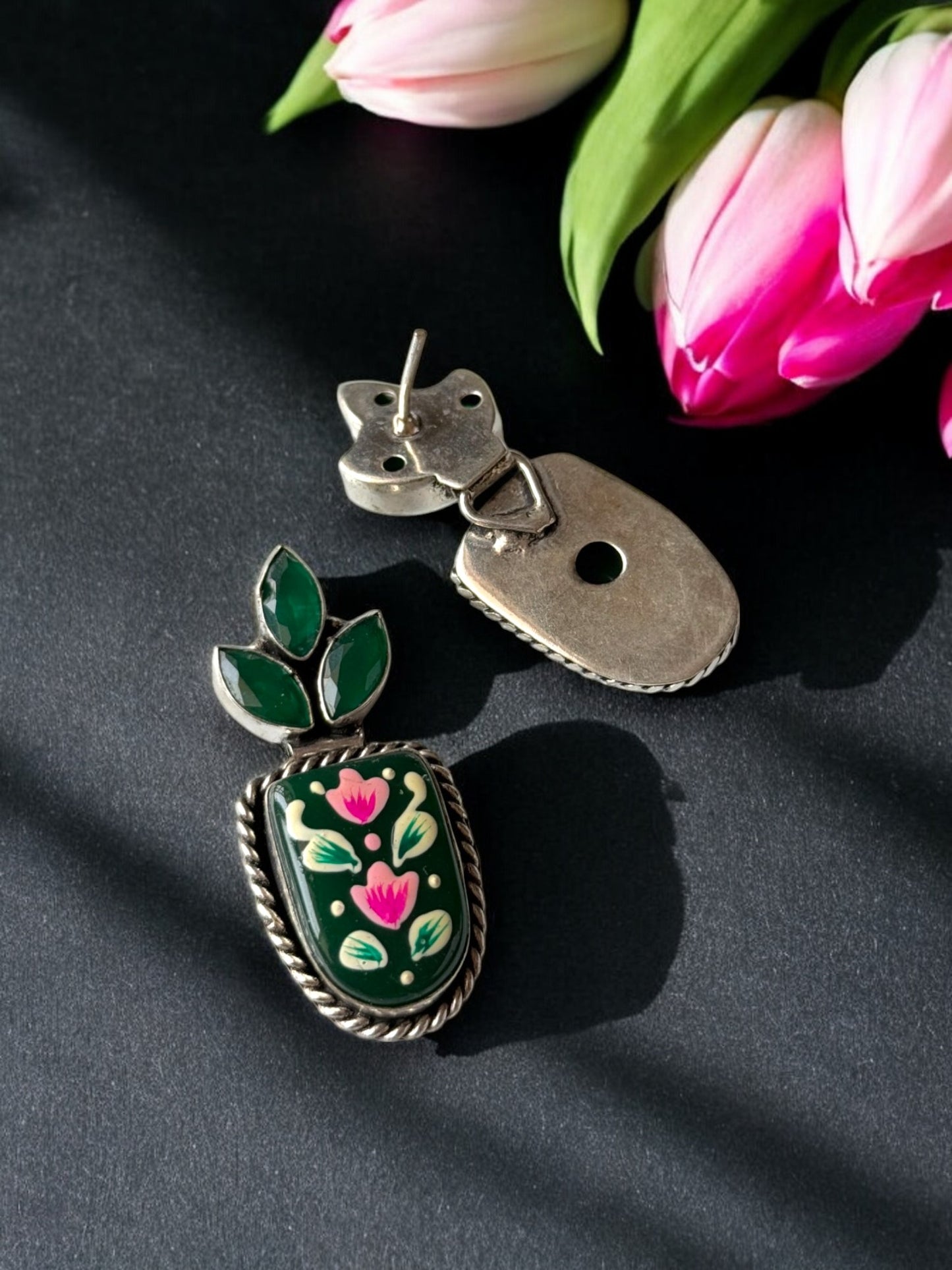 Green Hand-Painted Earrings