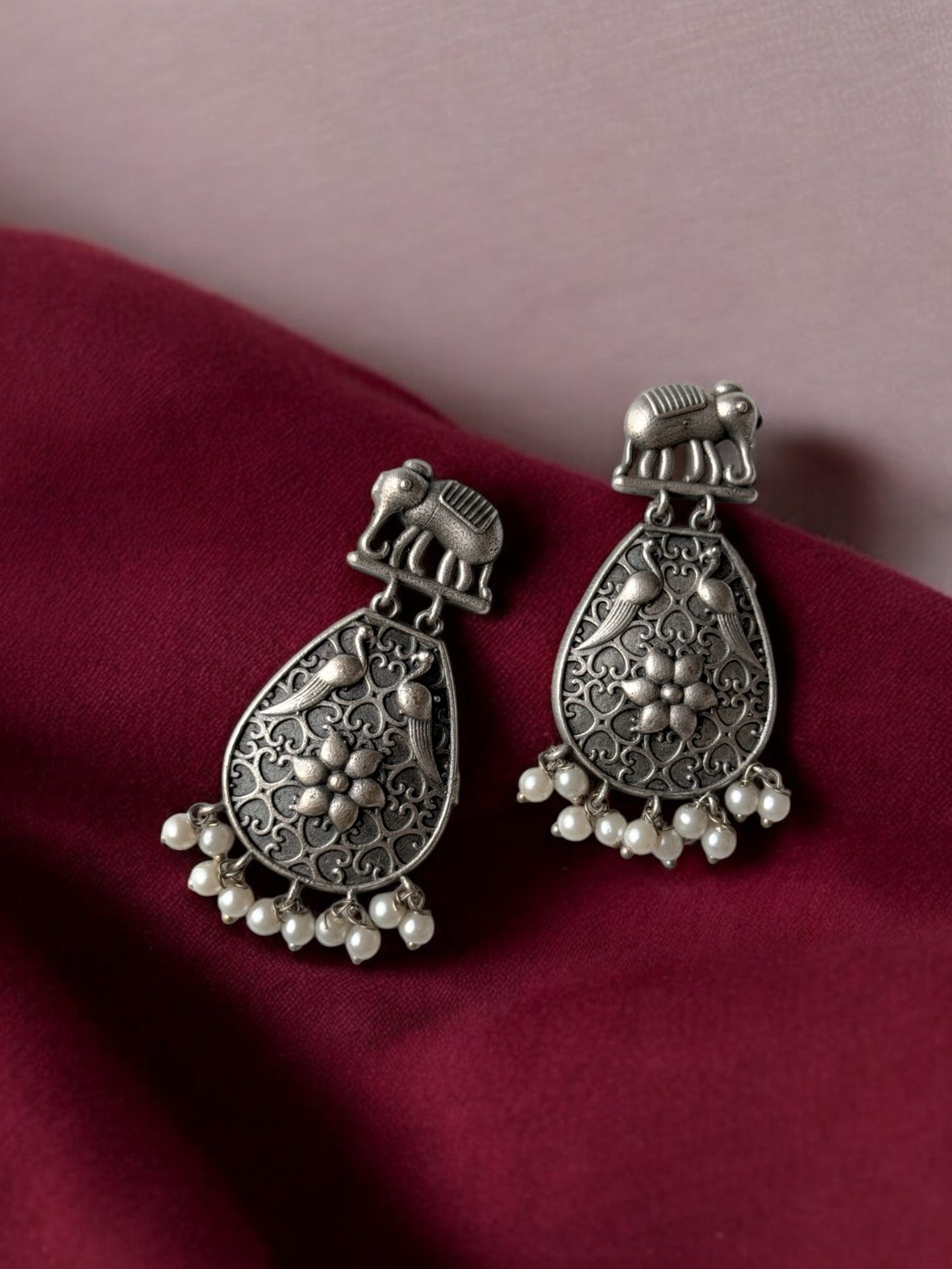 Silver Replica Elephant Engraved Earrings with Dangling Pearls