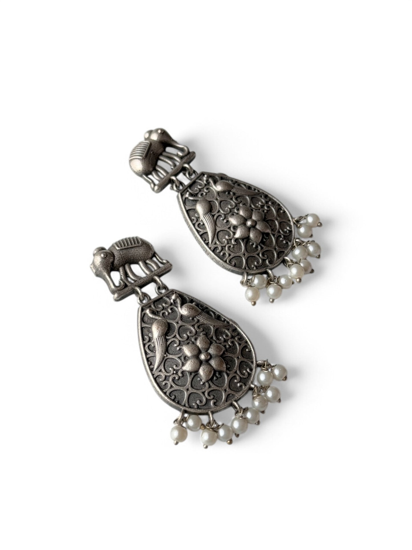 Silver Replica Elephant Engraved Earrings with Dangling Pearls