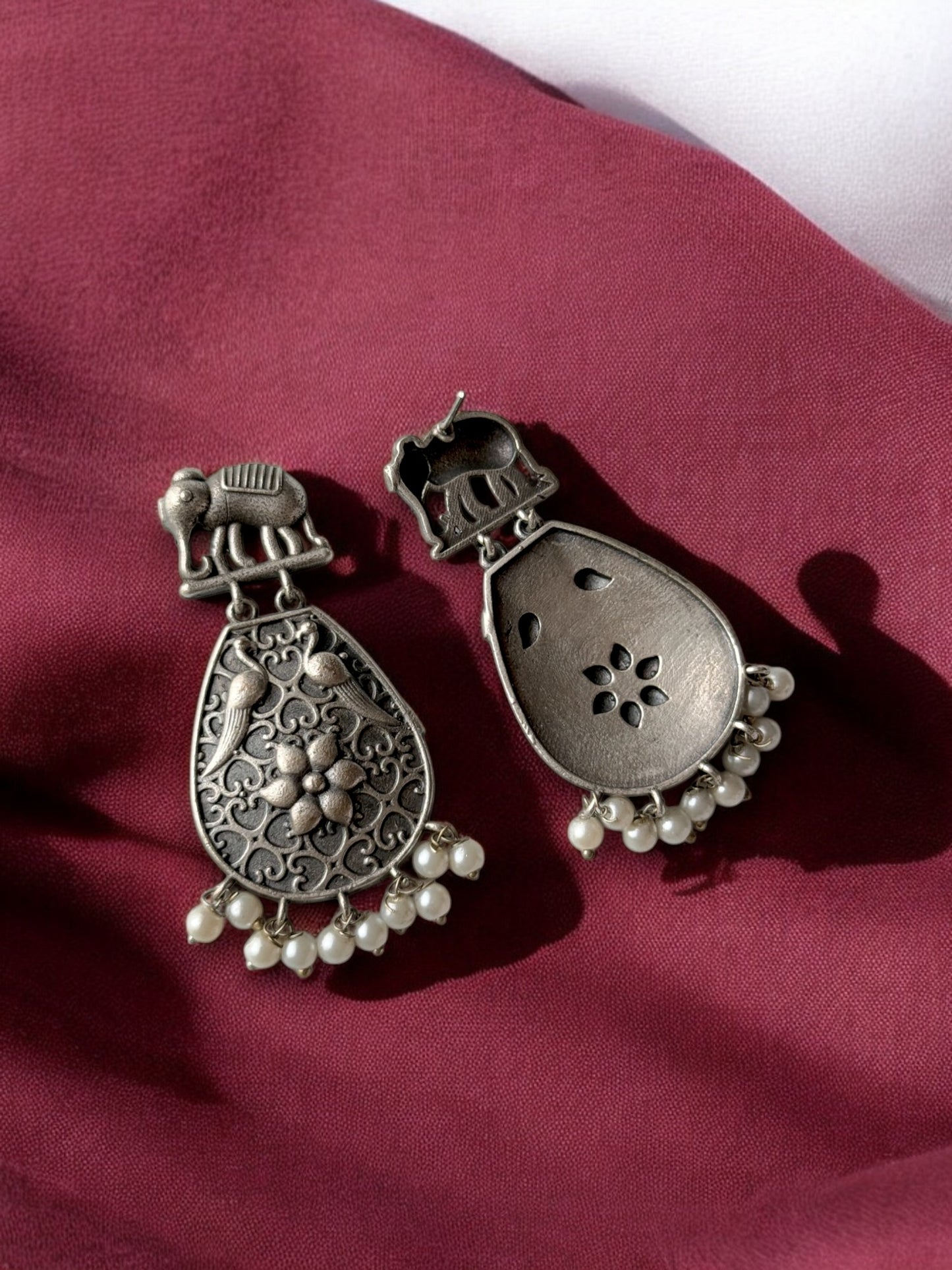 Silver Replica Elephant Engraved Earrings with Dangling Pearls