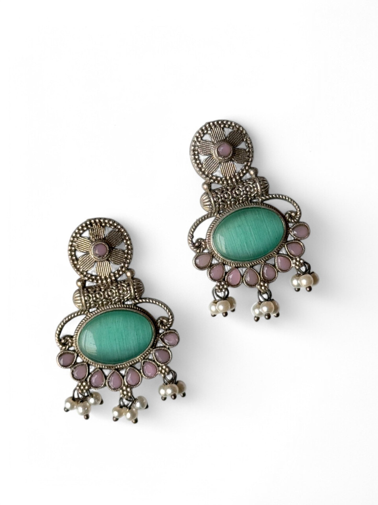 Silver Replica Silk Stone Embedded Earrings with Pearls