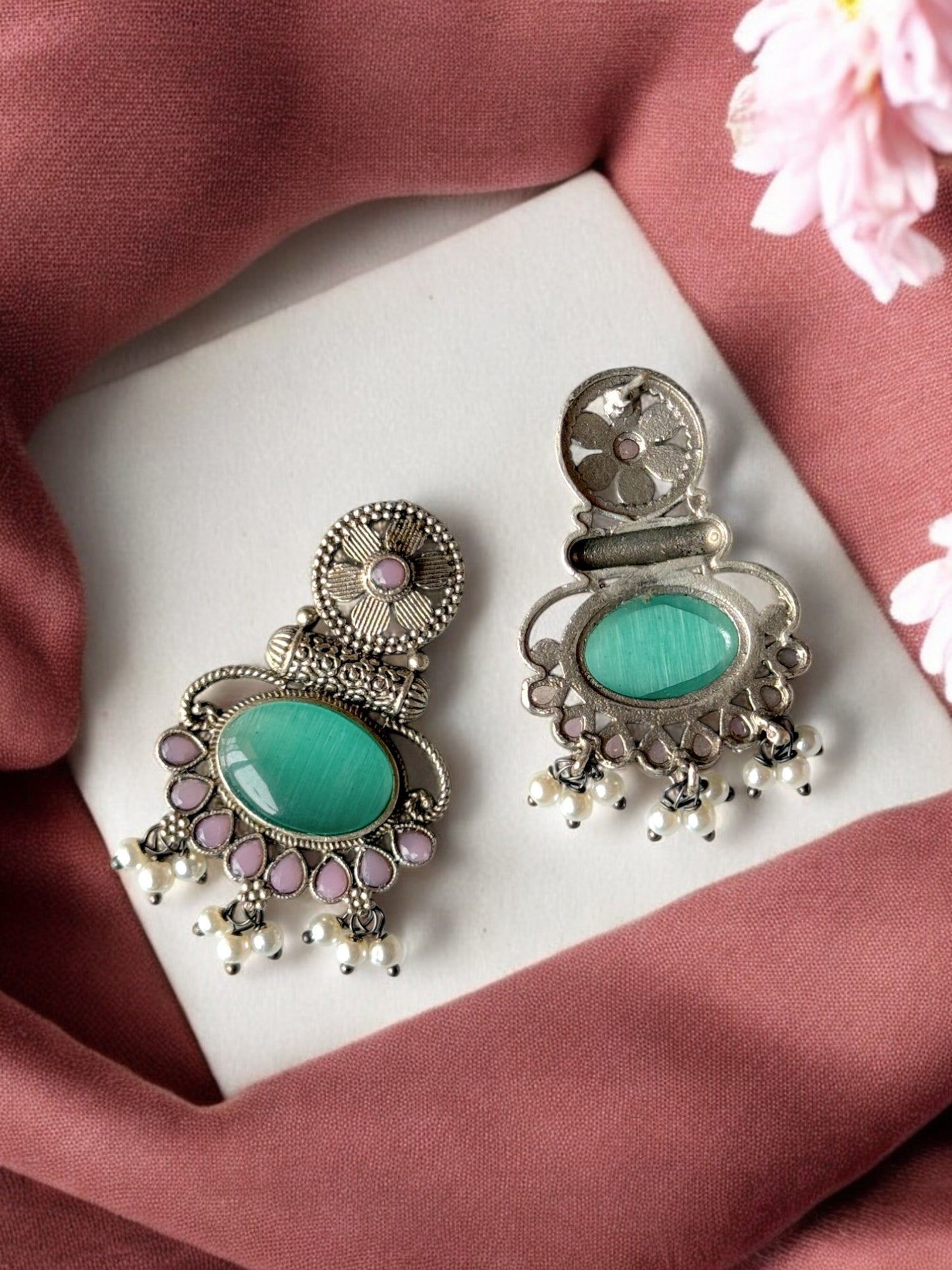 Silver Replica Silk Stone Embedded Earrings with Pearls