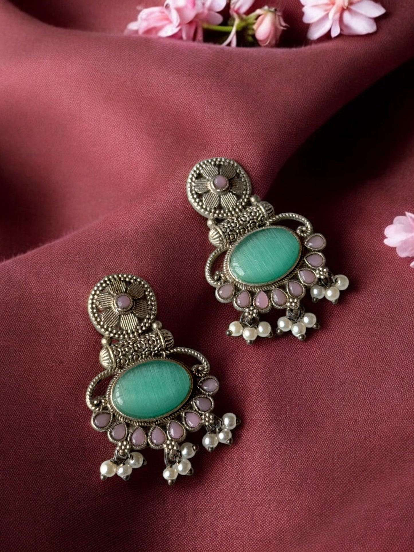 Silver Replica Silk Stone Embedded Earrings with Pearls