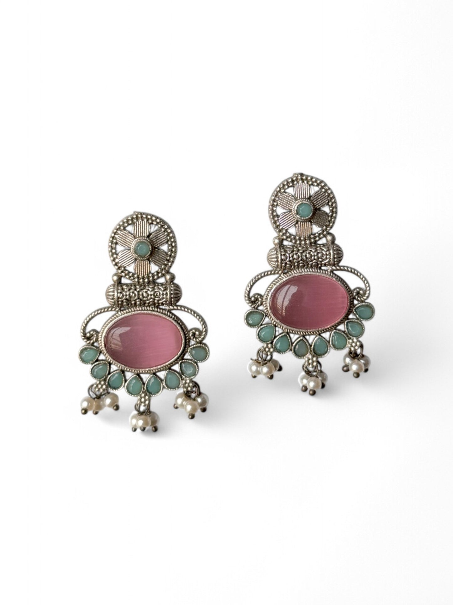 Silver Replica Silk Stone Embedded Earrings with Pearls