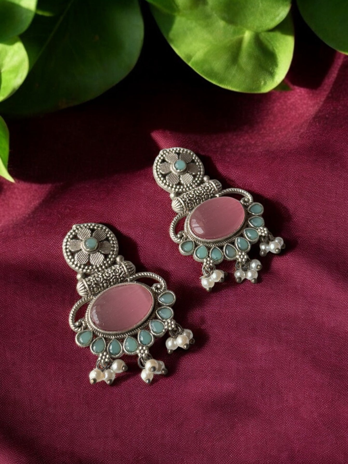 Silver Replica Silk Stone Embedded Earrings with Pearls