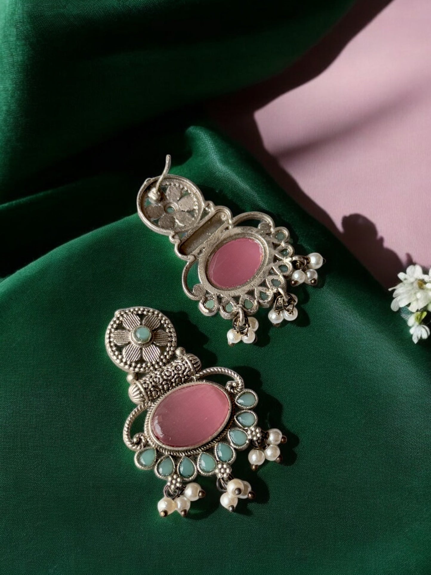 Silver Replica Silk Stone Embedded Earrings with Pearls