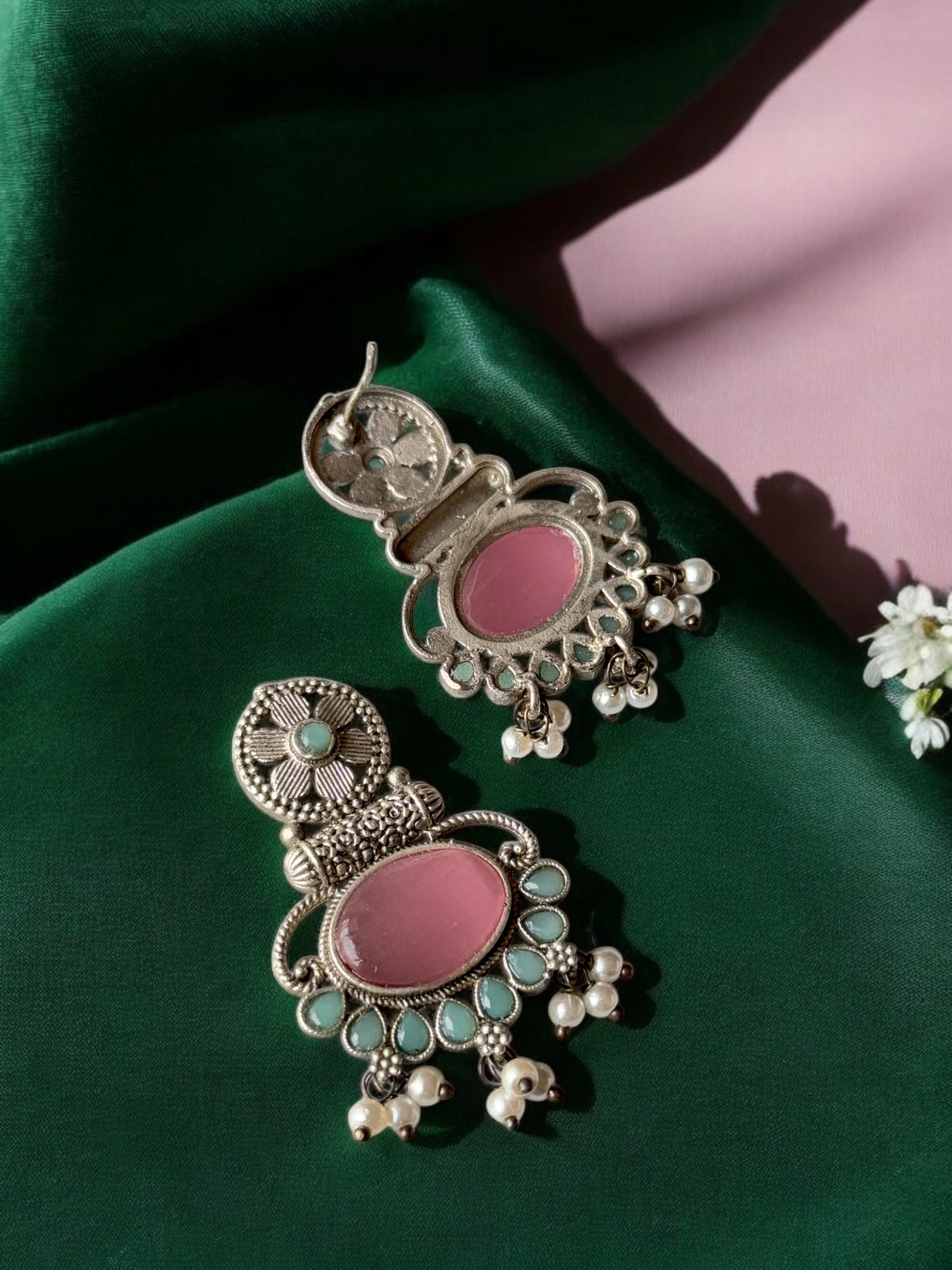 Silver Replica Silk Stone Embedded Earrings with Pearls