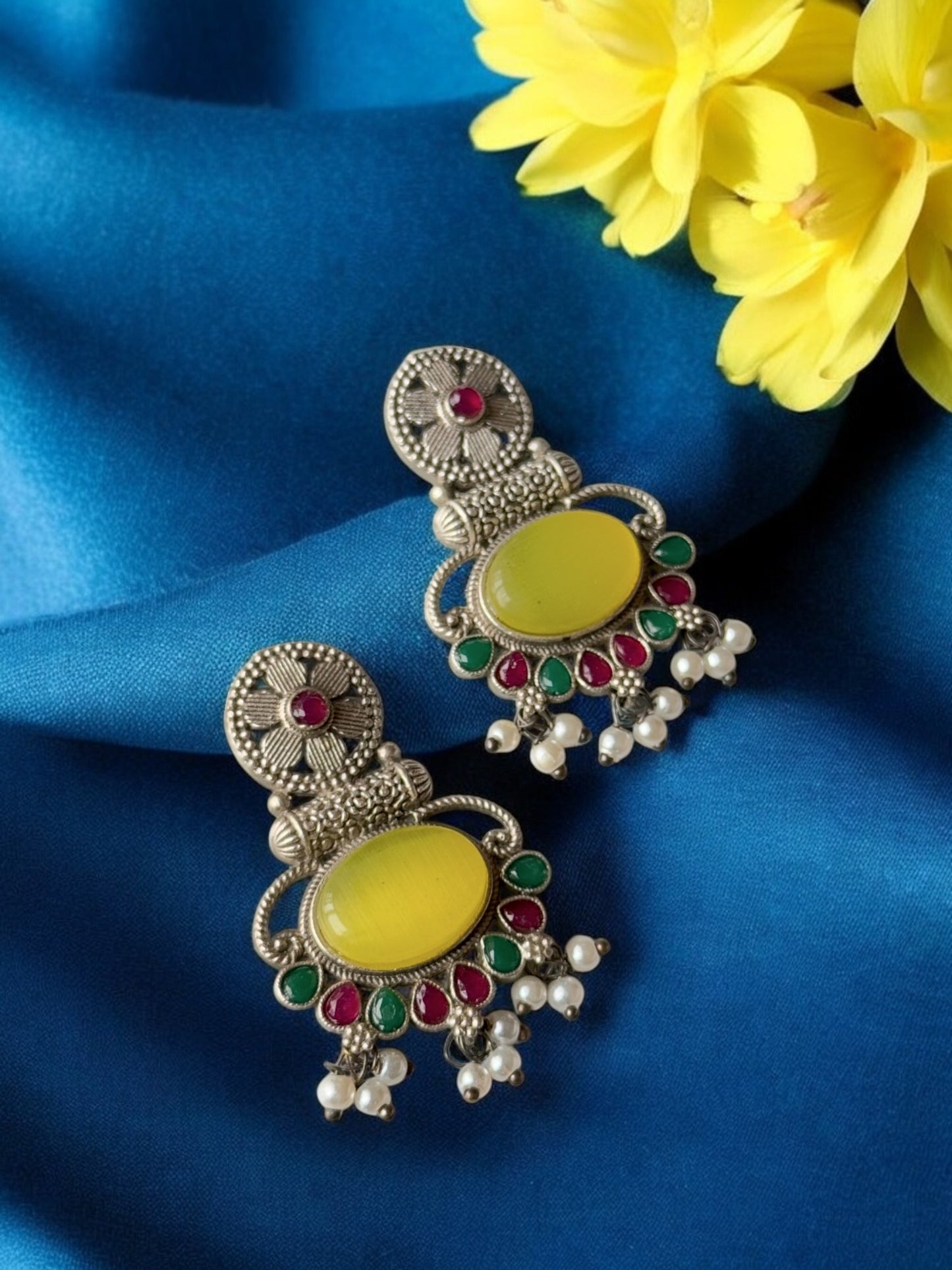Silver Replica Silk Stone Embedded Earrings with Pearls