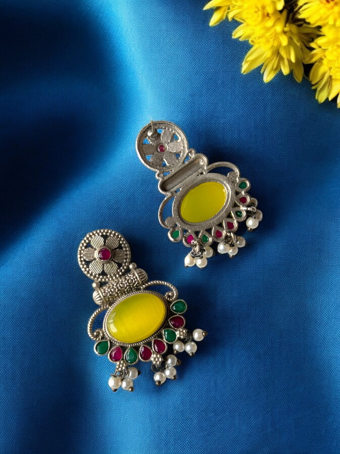 Silver Replica Silk Stone Embedded Earrings with Pearls